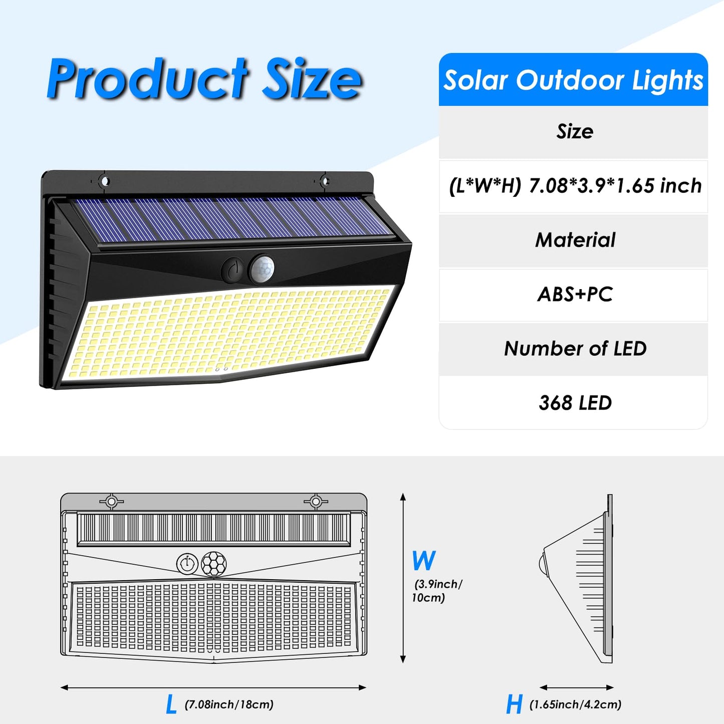 368 LED Solar Lights Outdoor Motion Sensor, Solar Fence With 3 Lighting Modes, Powered Security Waterproof for Outside Yard Wall Garden Backyard Garage