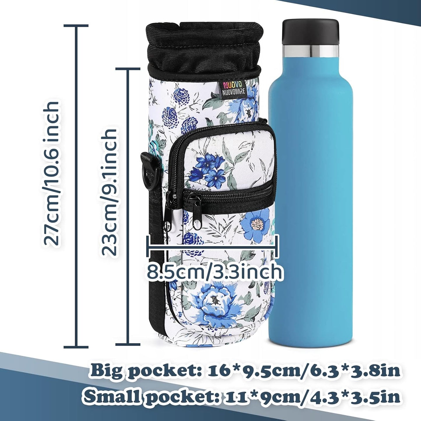 Nuovoware Water Bottle Carrier Bag - Adjustable Neoprene Sleeve with 2 Pockets | Fits 25oz, 40oz, 64oz Bottles