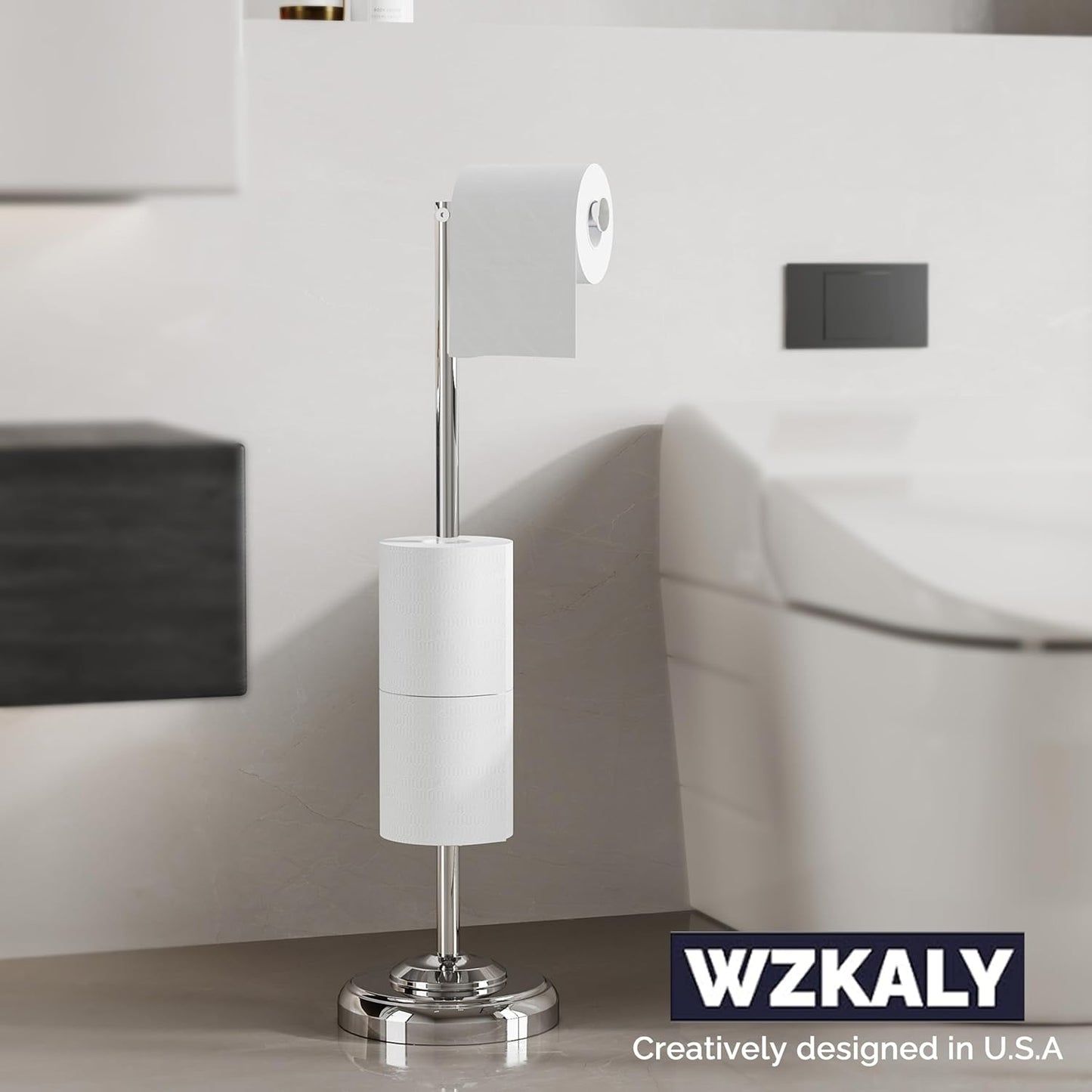 Brushed Nickel Free Standing Toilet Paper Holder with Pivoting Design & Weighted Base