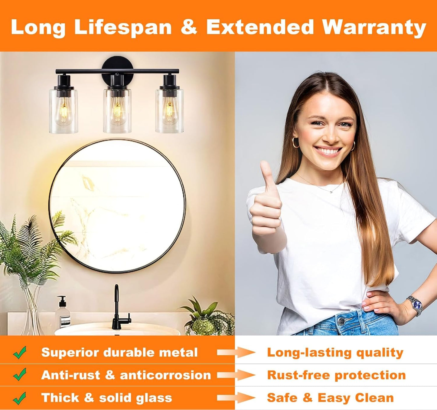 Modern Black 3-Light Bathroom Vanity Light Fixtures with Clear Glass Shades - 2 Pack