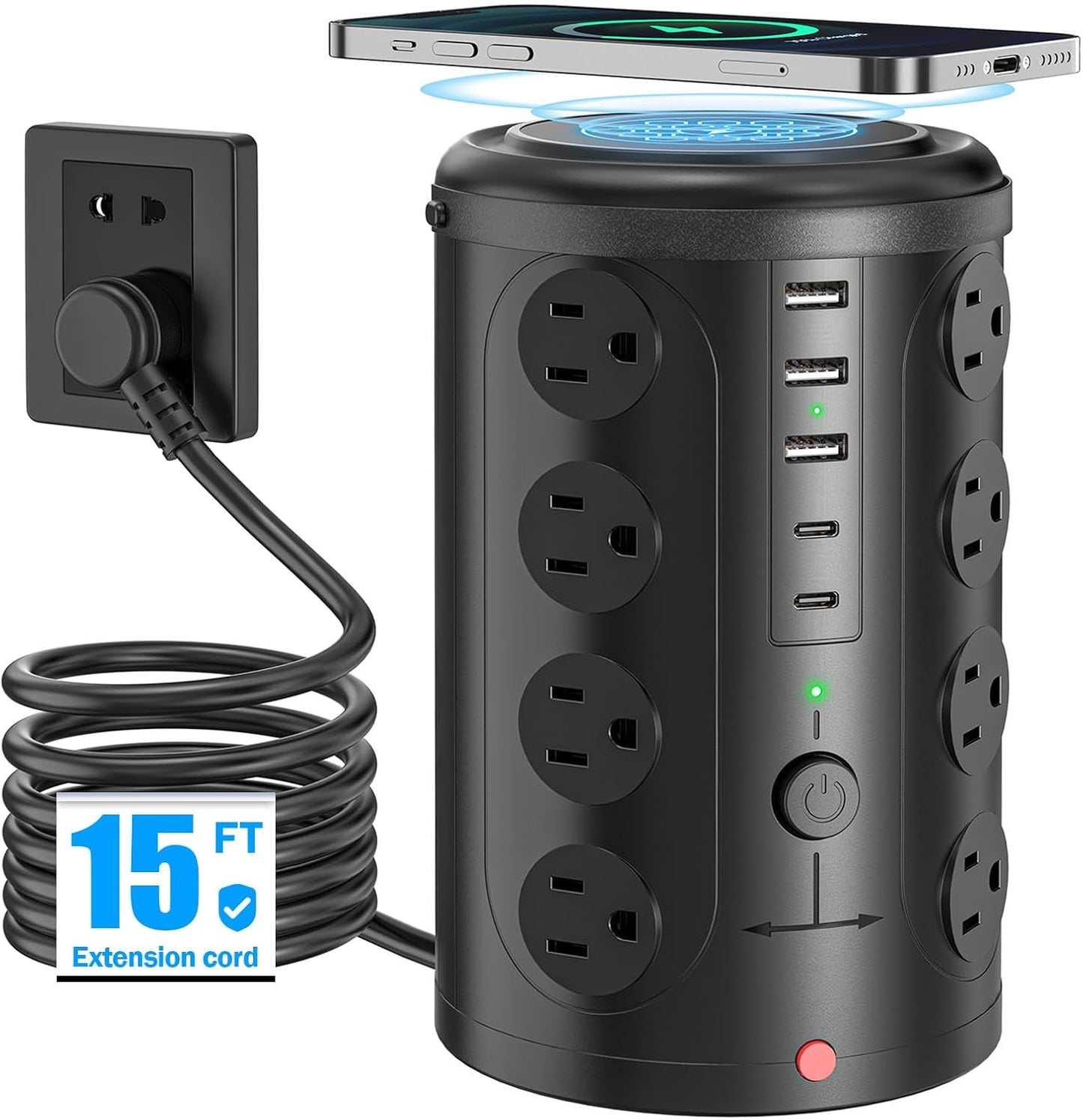 15W Wireless Charging Surge Protector Power Strip with 16 AC Outlets & 5 USB Ports - Desk Charging Station for Home, Office & Dorm Room (10FT)