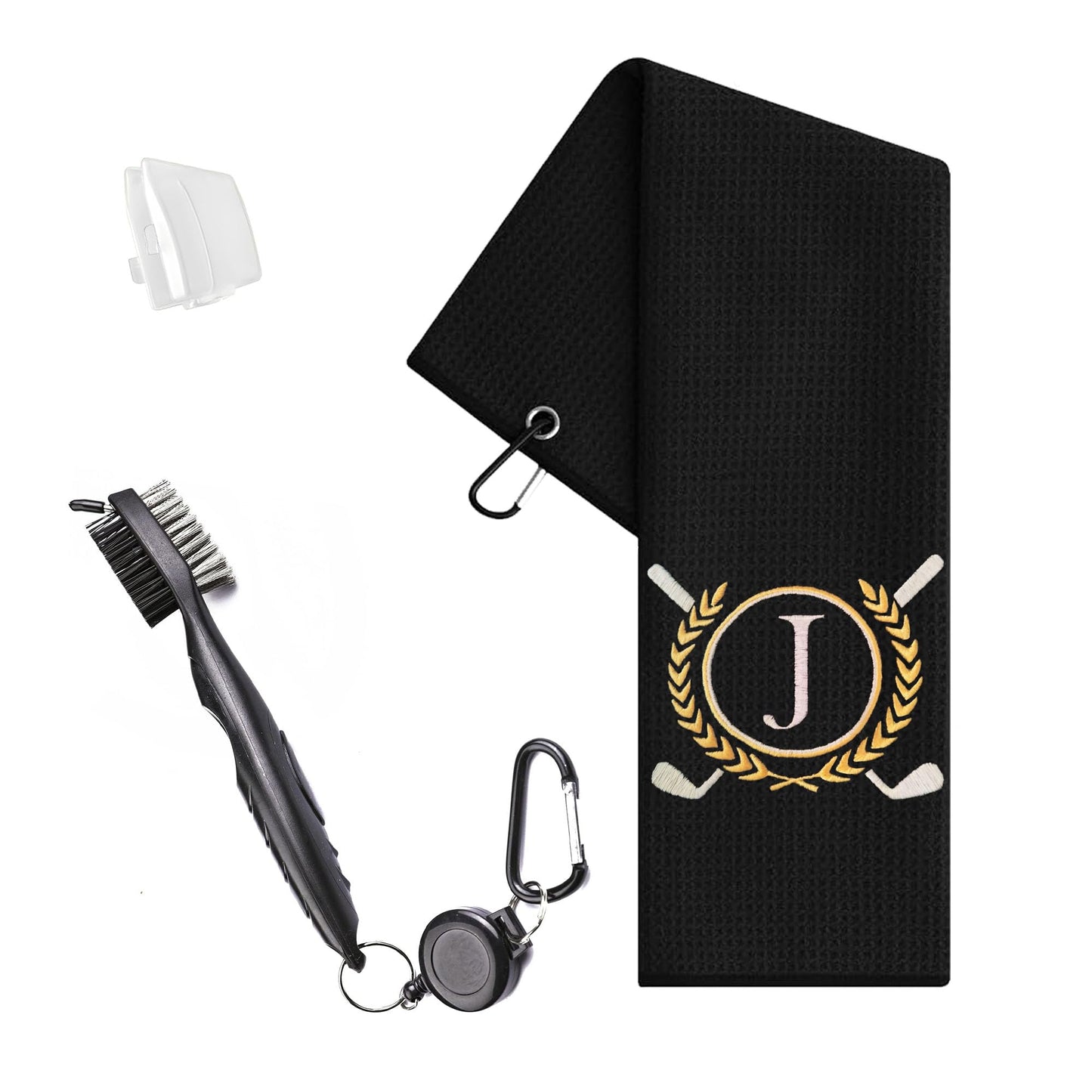 YLXLLSM Personalized Golf Towels for Golf Bags for Men, Funny Custom Letter J Embroidered Golf Towel with Clip Club Brush Groove Cleaner, Monogrammed Golf Towel Accessories Gift for Men Golfer Black