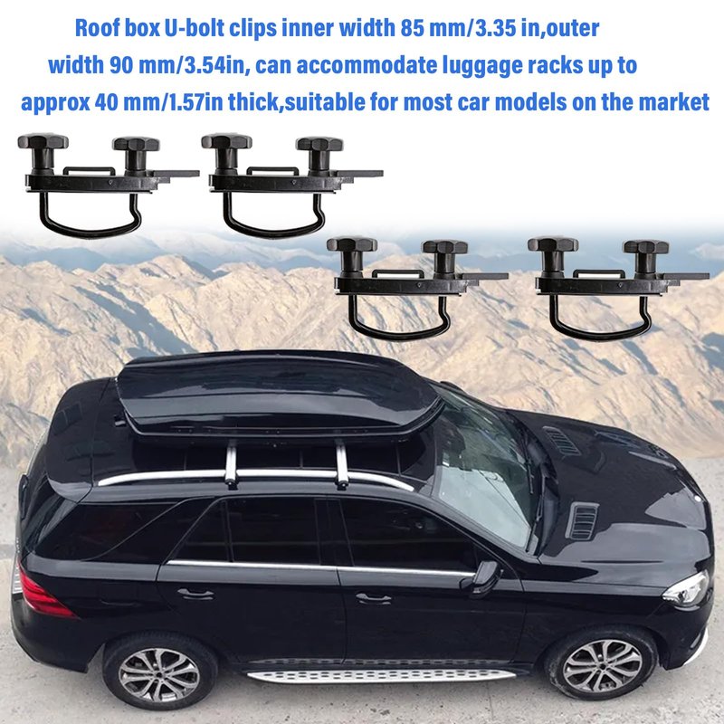 Bledtax 4 PCS Roof Box U-Bolt Clamps Universal Stainless Steel Inner Width 85mm/3.35in Rooftop Cargo Carrier Rack Bolts with 8 Lock Nuts, 2 Strap Car Van Mounting Fitting Kit