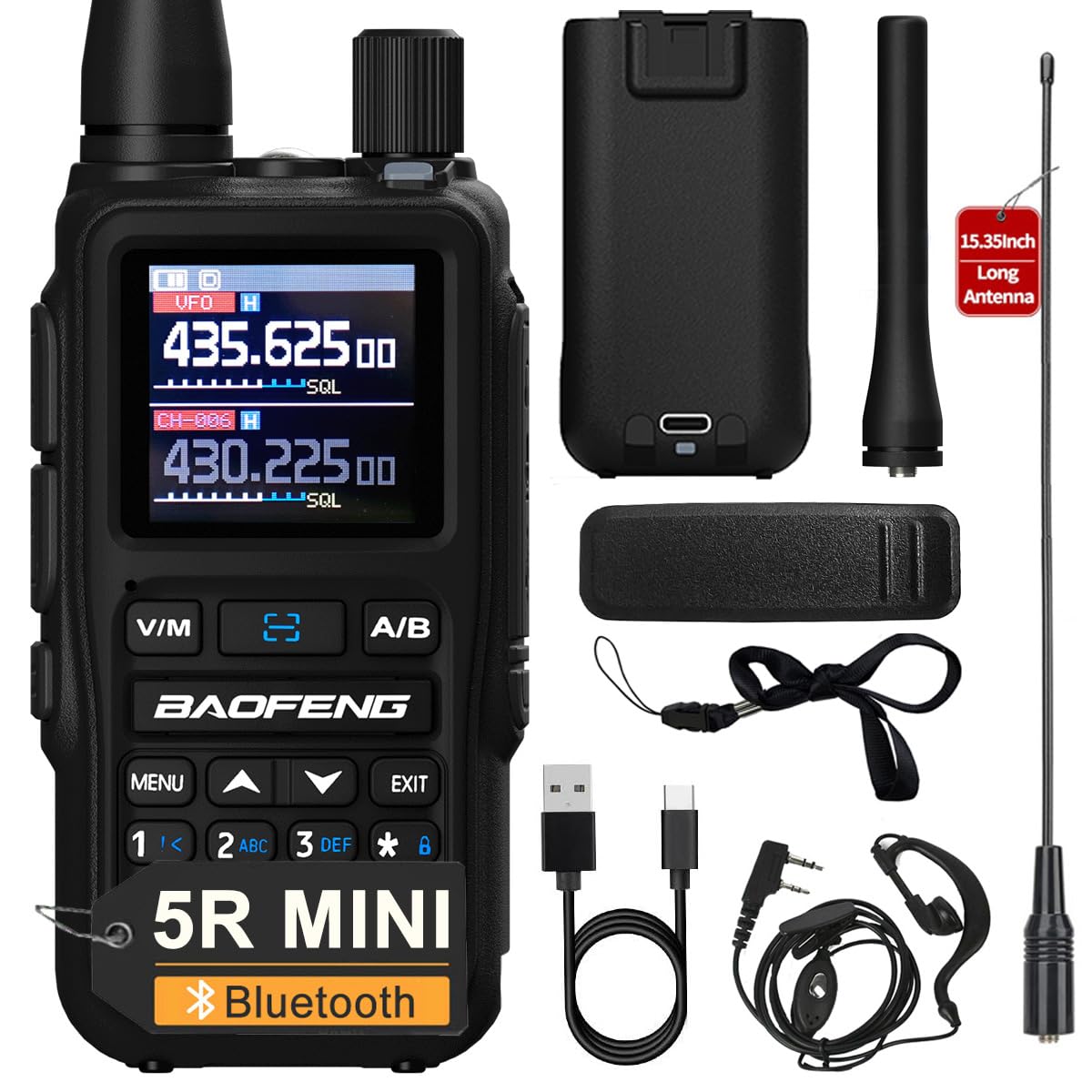 BAOFENG UV-5R Mini Long Range Walkie Talkie Dual PTT Bluetooth Programming AM FM NOAA Flashlight Rechargeable Type-C Charging U/V Handheld Two Way Ham Radio with Earpiece 771Antenna (Black 1PCS)