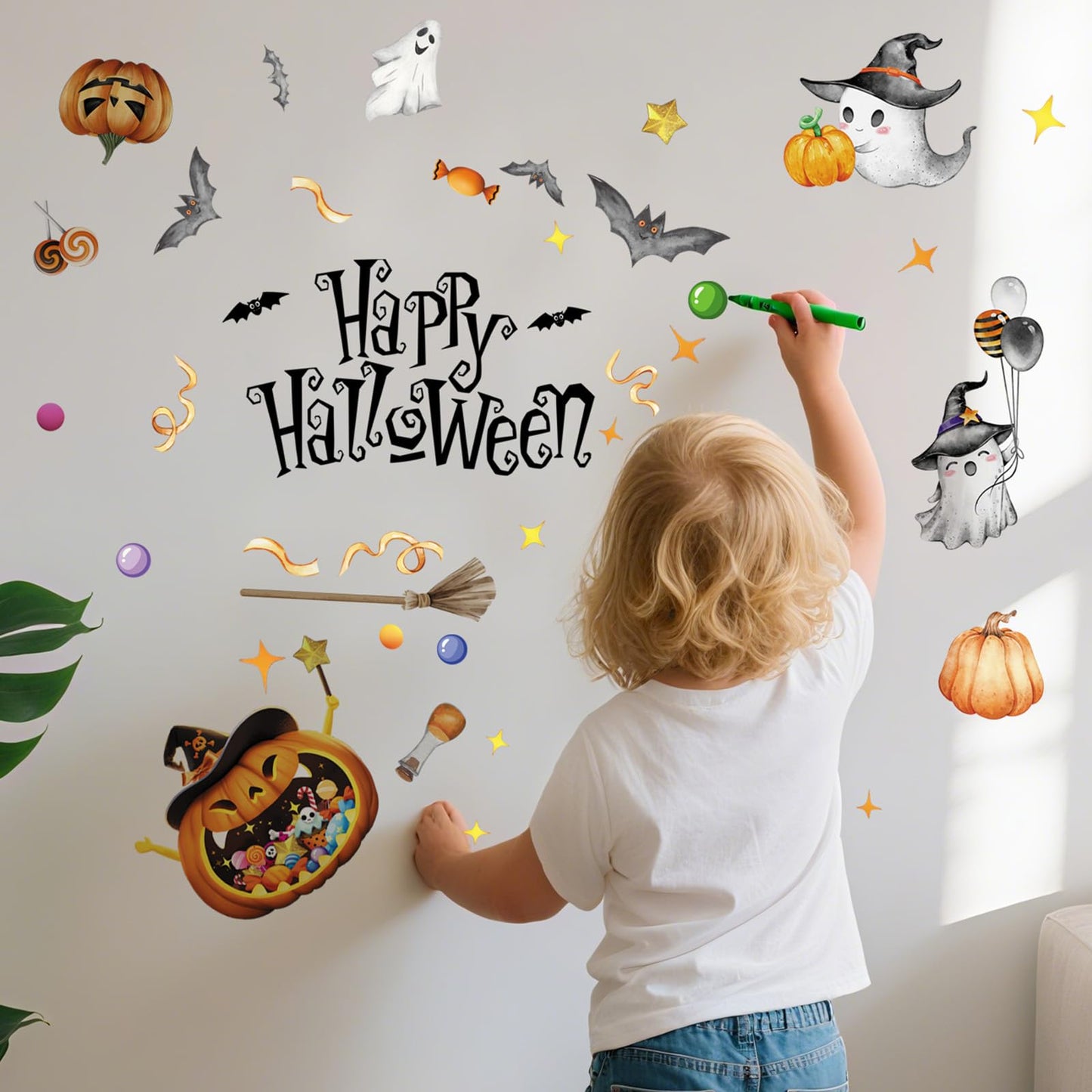 39Pcs Halloween Wall Stickers Cute Ghost Pumpkin Wall Decals Watercolor Peel and Stick Vinyl Decals Self-Adhesive Halloween Window Clings for Party Supplies Gift