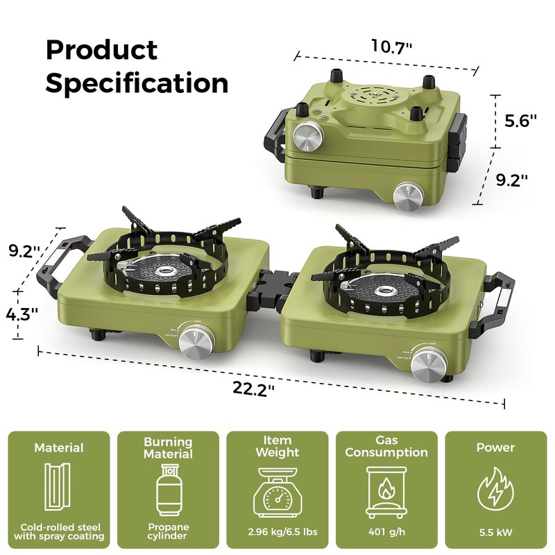 MoKo Propane Camping Stove 2 Burner, 36,000 BTU Infrared & Open Flame Hybrid, Windproof Folding Portable Outdoor Gas Cooking Kit with Frying Pan & Carry Bag For RV, Tailgating, Survival, Green