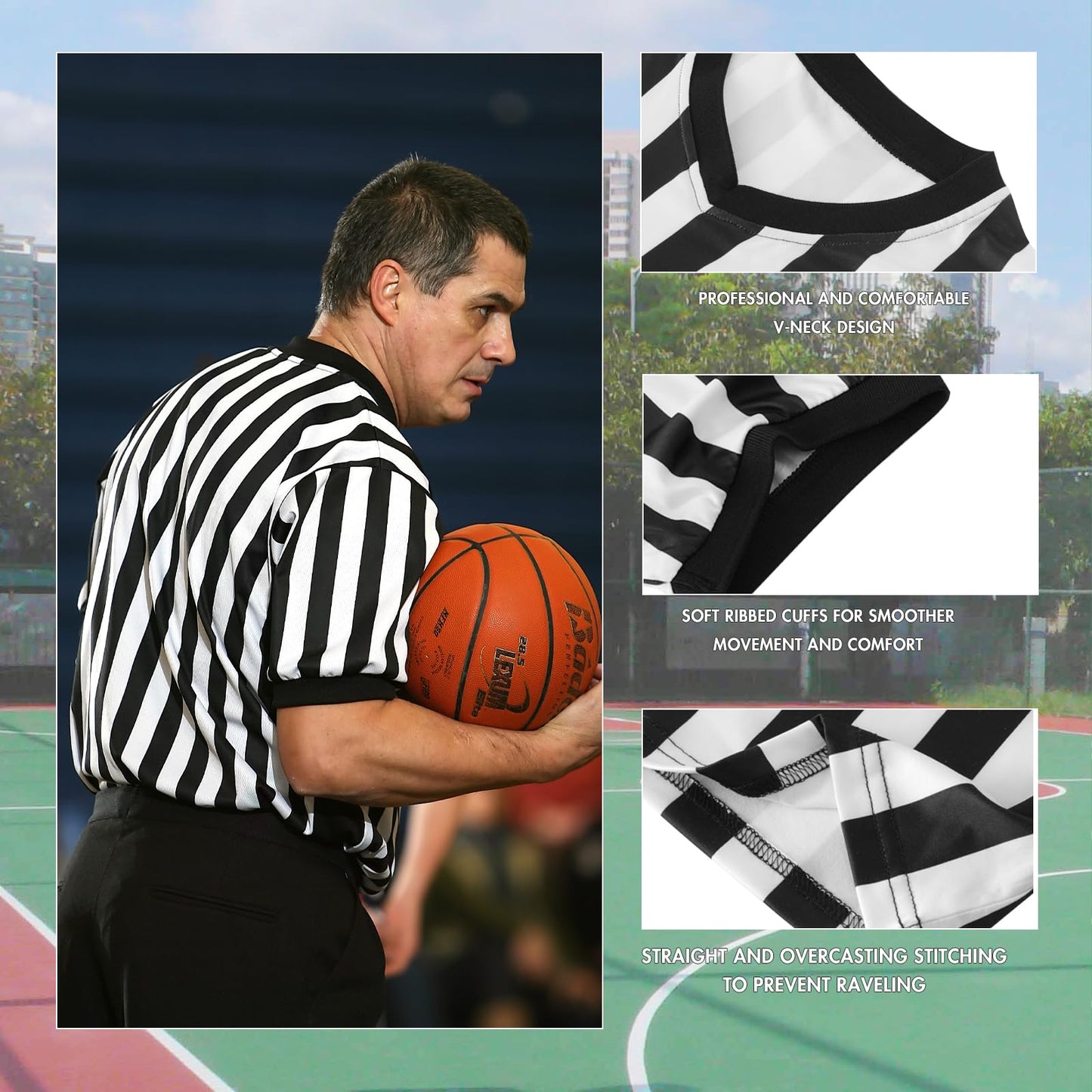4Pcs Referee Shirt Men Ref Jersey V-Neck Black and White Stripe Uniform Kit For Basketball Football Soccer Halloween Costume Yellow And Red Penalty Flag and Stainless Steel Whistle XL