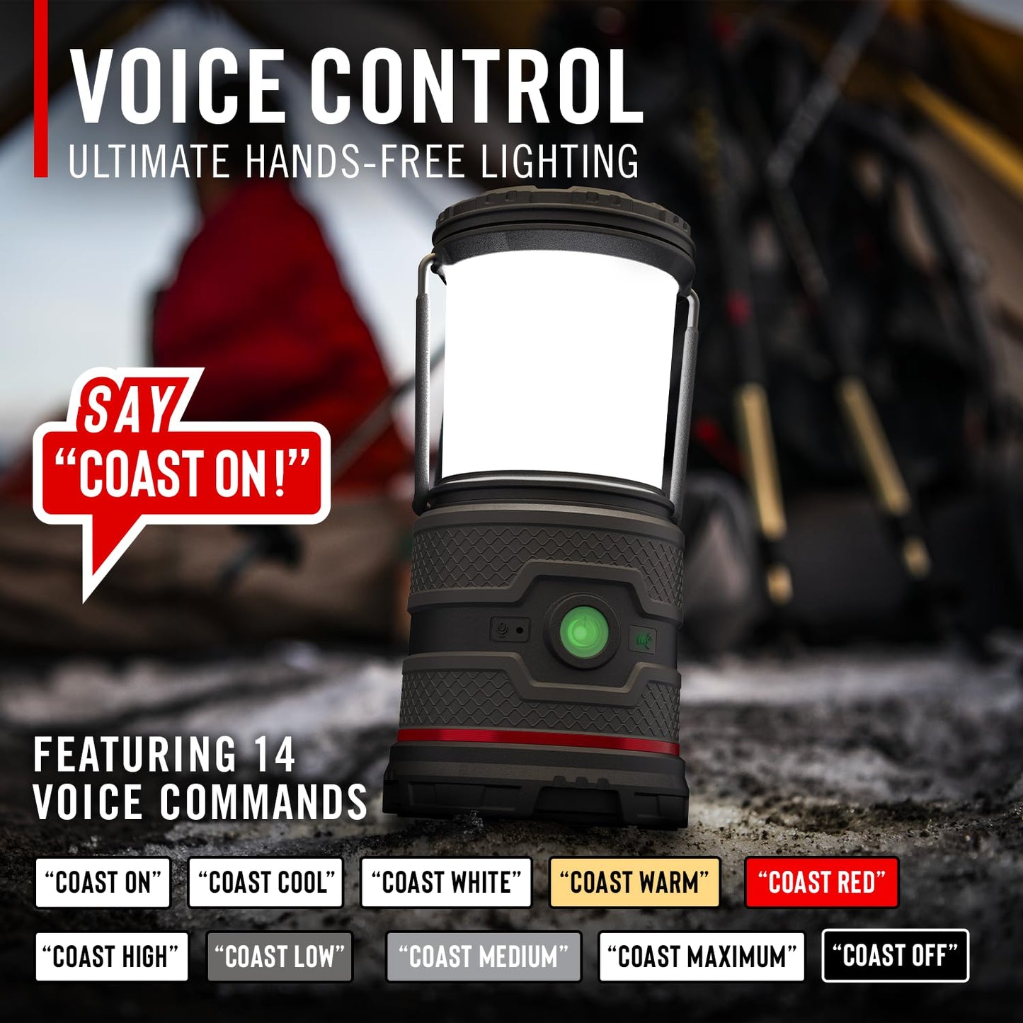 COAST EAL35R 1000 Lumen Voice-Controlled LED Emergency & Camping Area Lantern with Warm, Cool White, Day, Red & Red Flashing Mode, Power Bank Functionality - Black