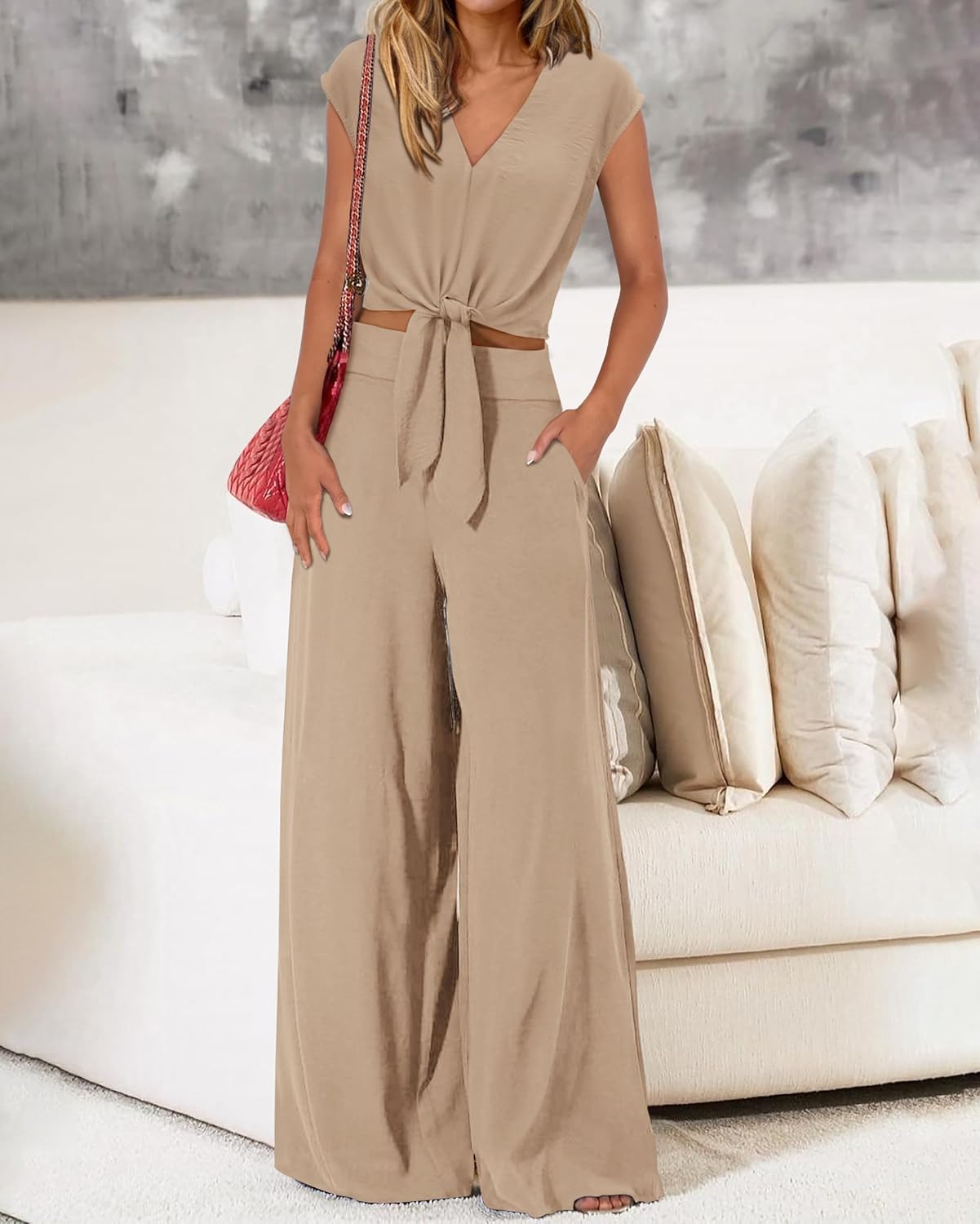 PrettyGarden Women's Summer 2-Piece Outfit - Cap Sleeve V-Neck Crop Top & Wide Leg Pants Set