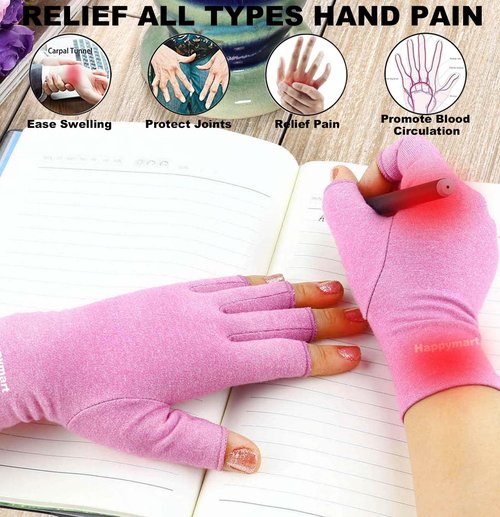 Happymart 2 Pairs Arthritis Gloves, Hand Compression Gloves for Rheumatoid, Pain Relief, Carpal Tunnel, Swelling, Joint Support, Driving Fingerless Gloves for Women Men (Black + Pink, Medium)