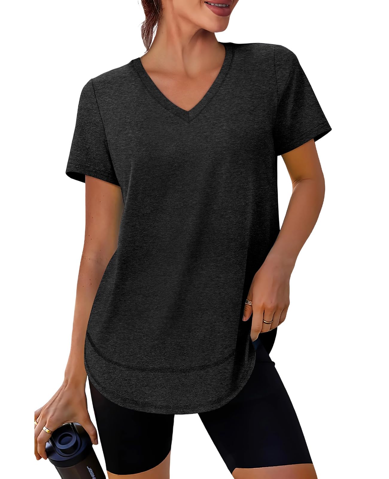 Spring Summer Tops for Women Short Sleeve Hiking Shirts Athleisure Golf Shirt Beach Fashion Curved Hem Loose Fit V Neck Black 2XL