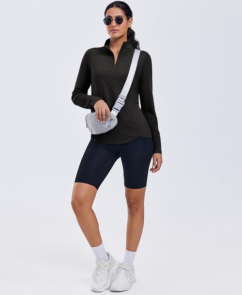PINSPARK Long Sleeve Workout Top for Women 1/4 Zip Pullover Lightweight Yoga Gym Shirt V Neck Running Tops Loose Fit, Black Large
