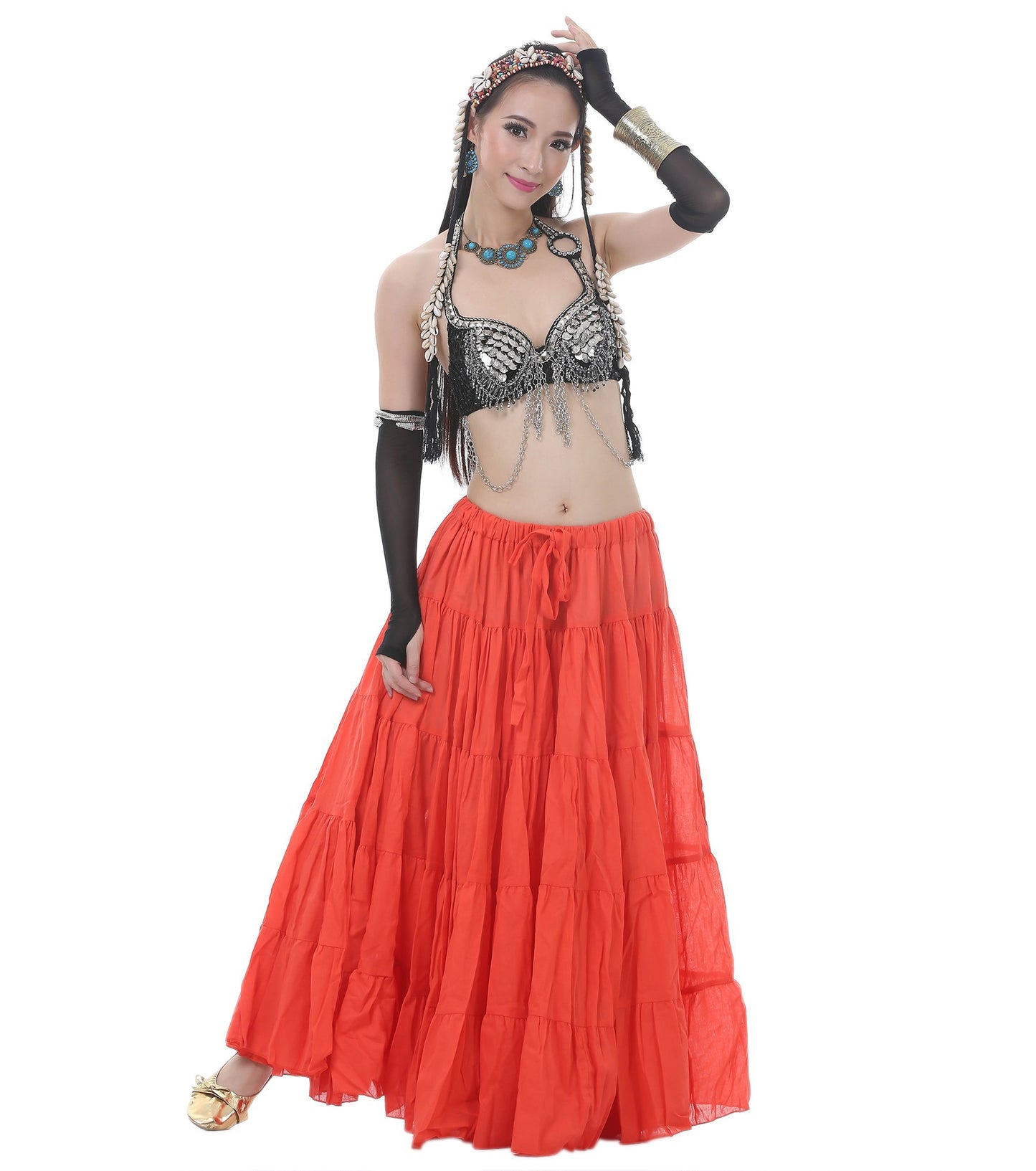 Astage Woman Belly Dance Full Circle Maxi Trible Skirts Linen Bohe Dress Orange