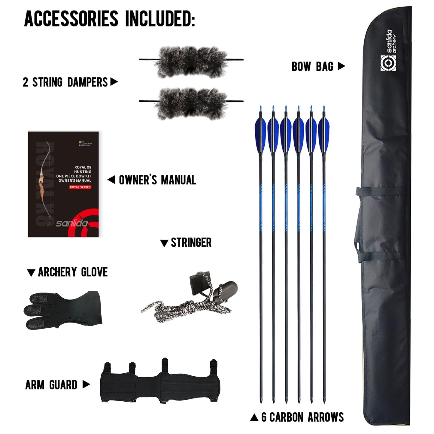 Sanlida Archery 60" Royal X8 One-Piece Bow Traditional Wooden Hunting Bow Handmade Hunting Bow and Arrows Kit for Adults & Traditional Archers, RH Only (50lbs, Dark Wood)