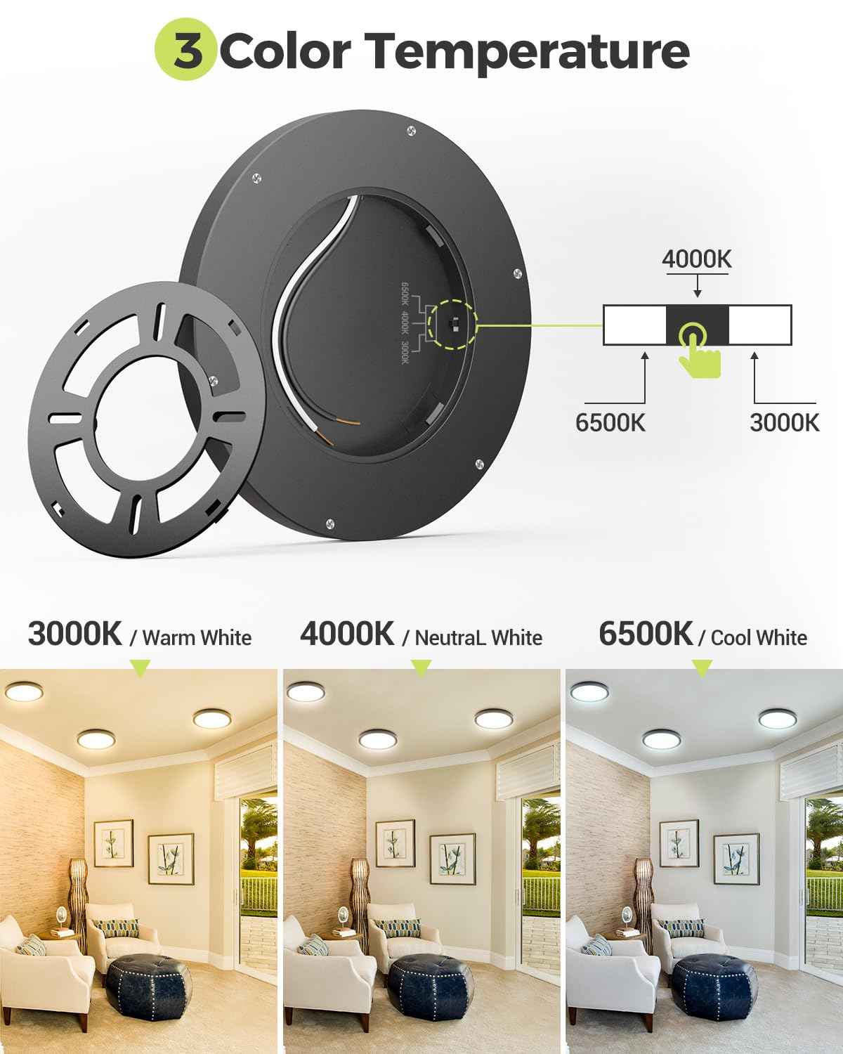2PACK LED Flush Mount Ceiling Light - 3CCT Selectable 3000K-4000K-6500K & 100W Equivalent Modern Kitchen Recessed Ceiling Lamp 15W 1500Lm 7.5 Inch for Bathroom Closet Laundry Bedroom