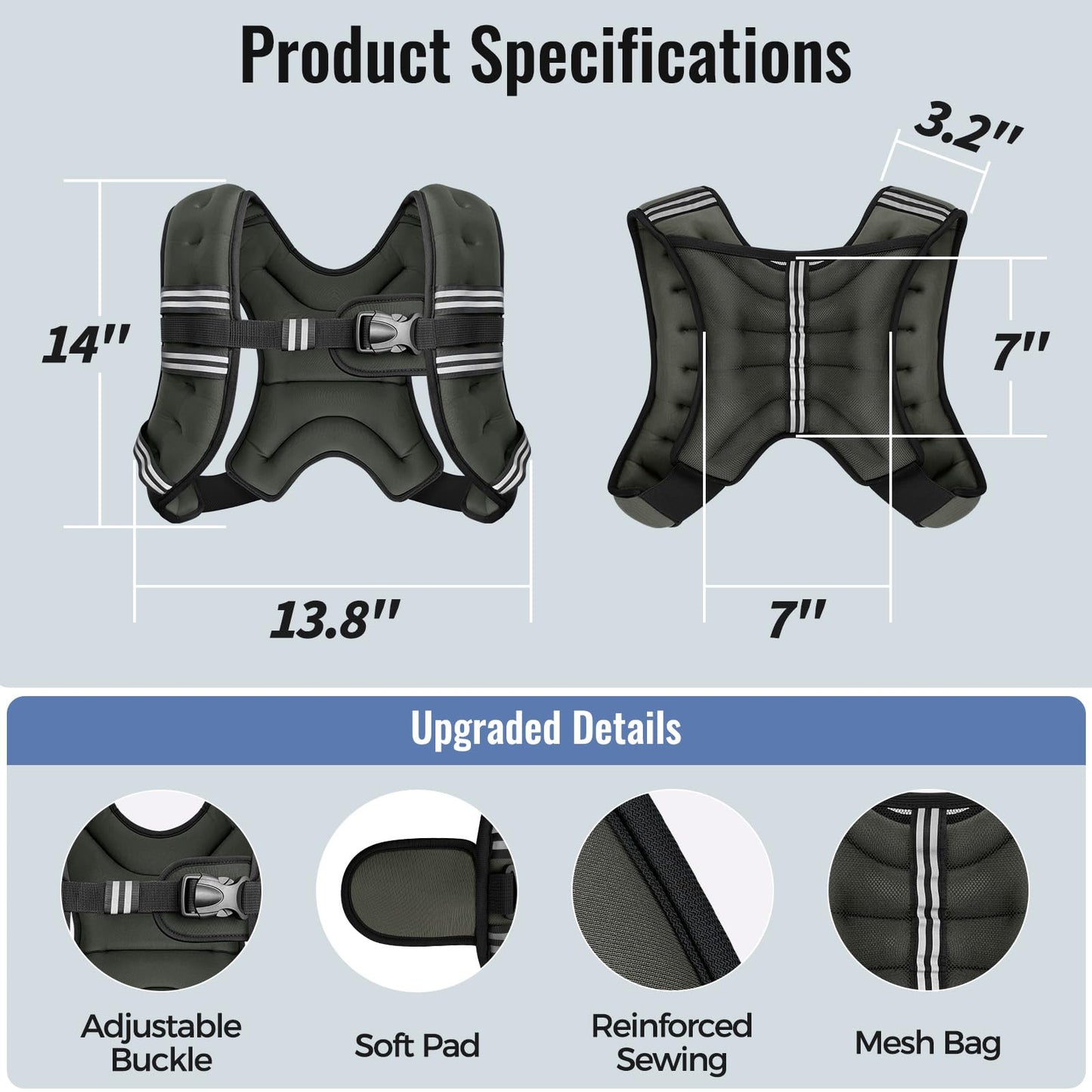 Zeerun Weighted Vest, 6lb/8lb/10lb/12lb/15lb/18lb/20lb/24lb/30lb for Men Women, Reflective Stripe Adjustable Buckle, Comfortable Durable Rucking Vest for Walking Running Strength Training, 8LBS-Gray