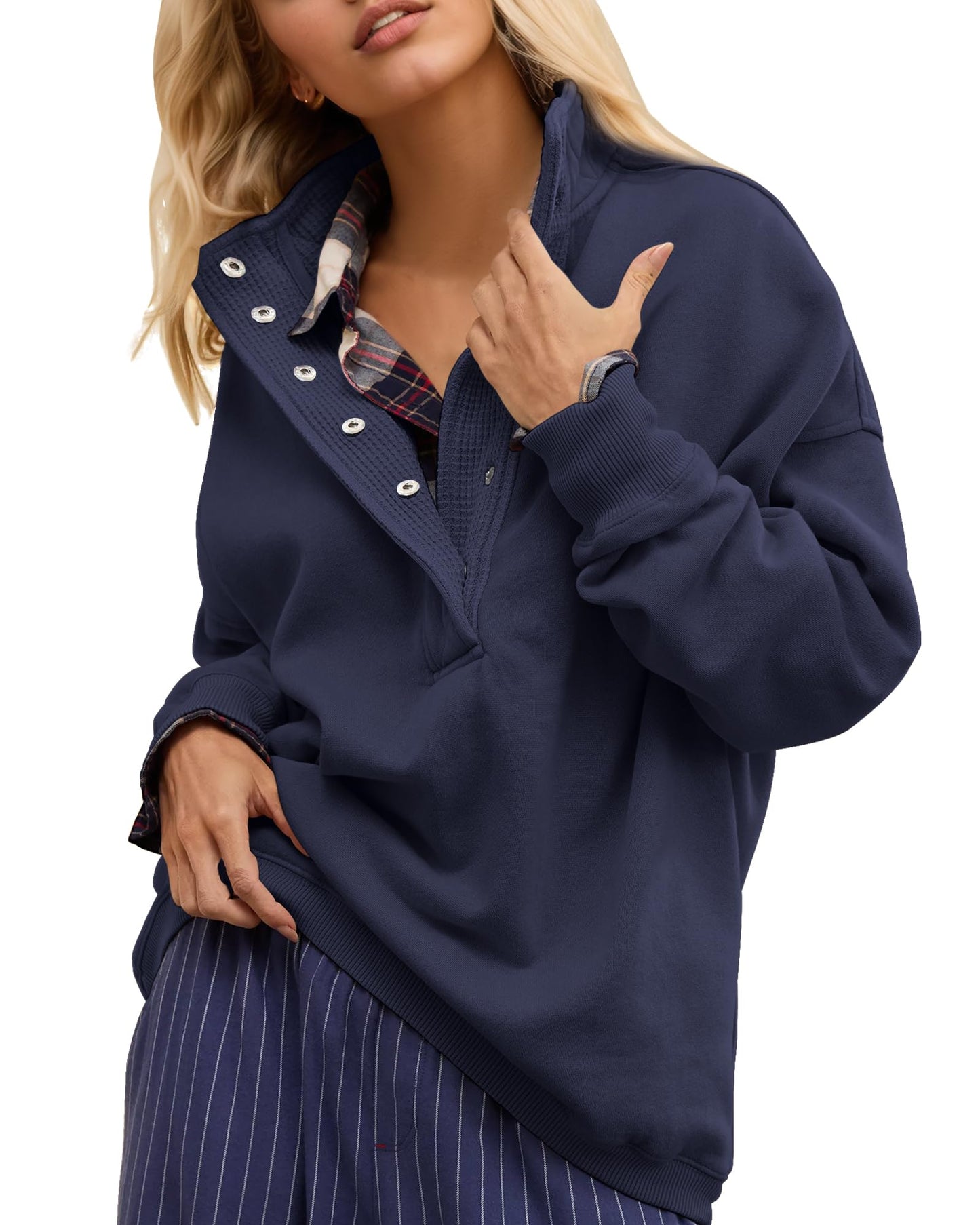 Gacaky Sweatshirt for Women Oversized Casual Long Sleeve Button Henley Neck Pullover Tops Fashion Outfits Clothes Navy S