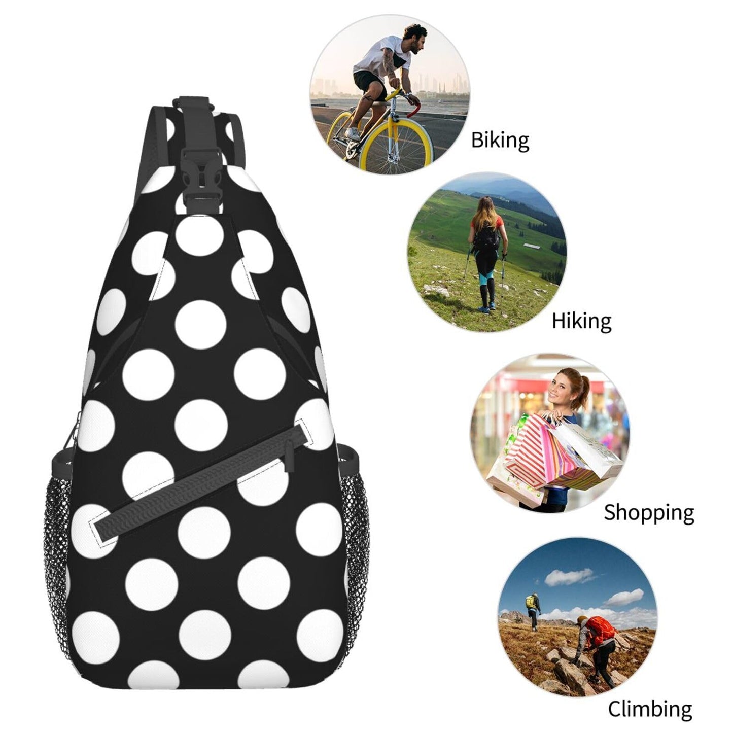QISENTIS Polka Dot Sling Bag for Women Men White Dots on Black Background Modern Pattern Travel Crossbody Bags Abstract Dots Pattern Casual Sling Backpack Chest Shoulder Bag Gym Sports Hiking Daypack