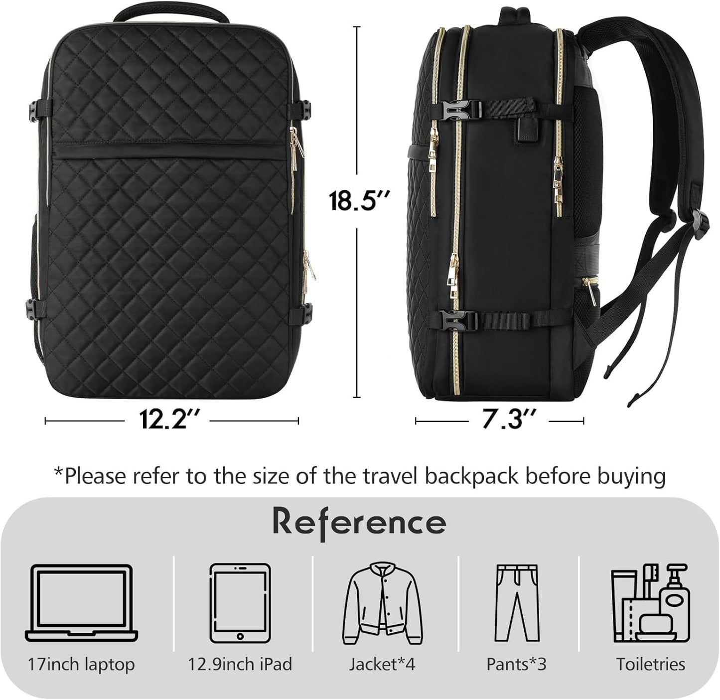 MOMUVO Large Travel Backpack - Flight Approved, Water Resistant Anti-Theft Daypack for 17" Laptop | Black