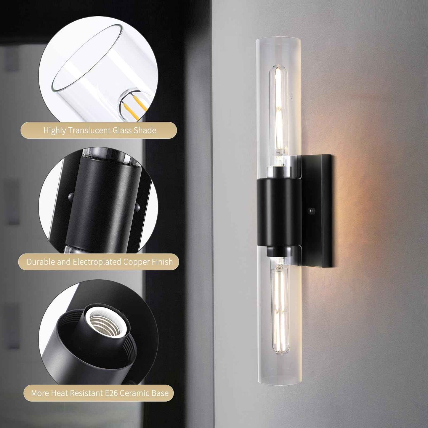 Bathroom Wall Sconces Set of Two Black , 21" Modern 2-Light Vanity Light Tube Wall Sconce, Clear Glass Indoor Hardwired Mounted Lamps for Living Room,Bedroom,Hallway-Black Clear (Bulb Not Included)