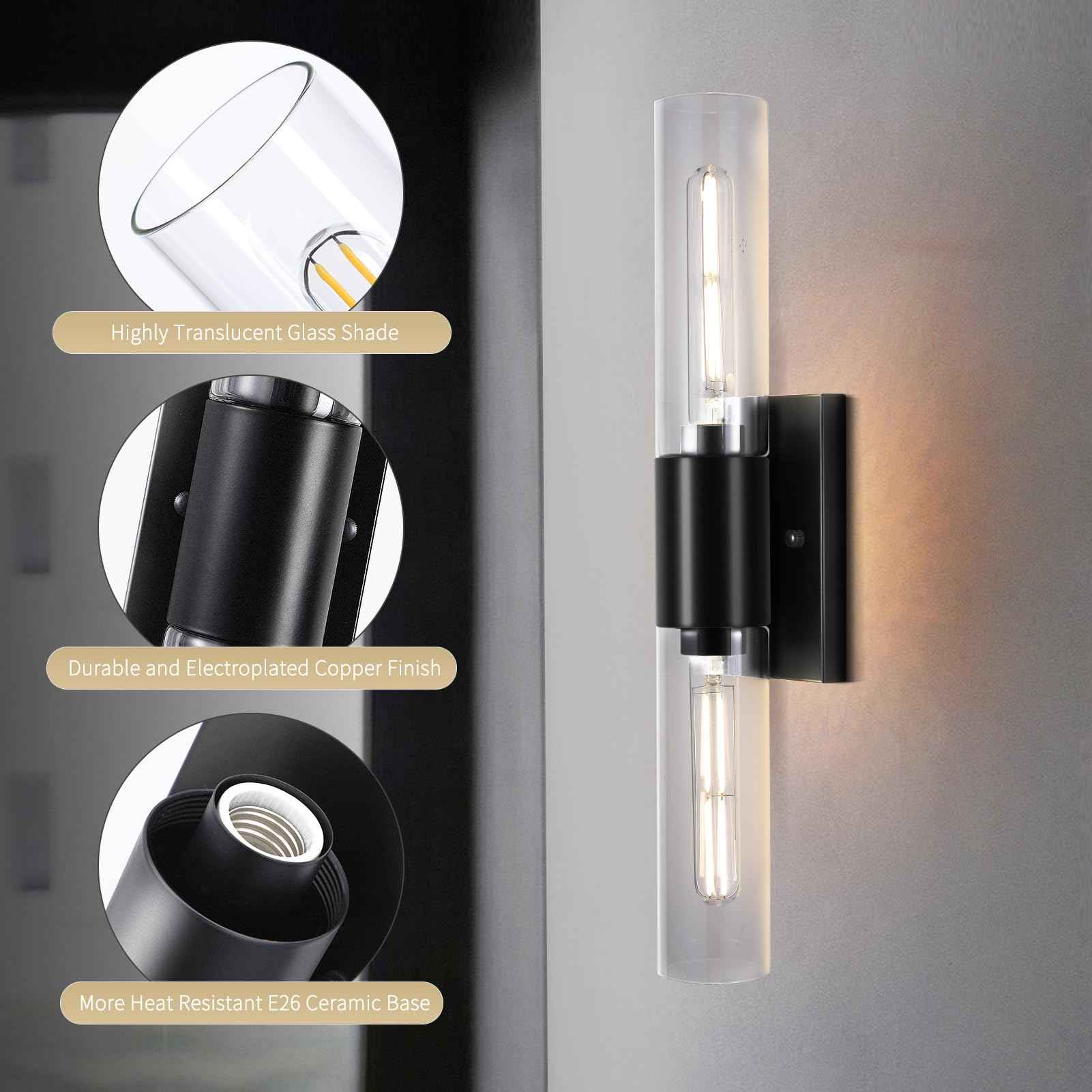 Bathroom Wall Sconces Set of Two Black , 21" Modern 2-Light Vanity Light Tube Wall Sconce, Clear Glass Indoor Hardwired Mounted Lamps for Living Room,Bedroom,Hallway-Black Clear (Bulb Not Included)