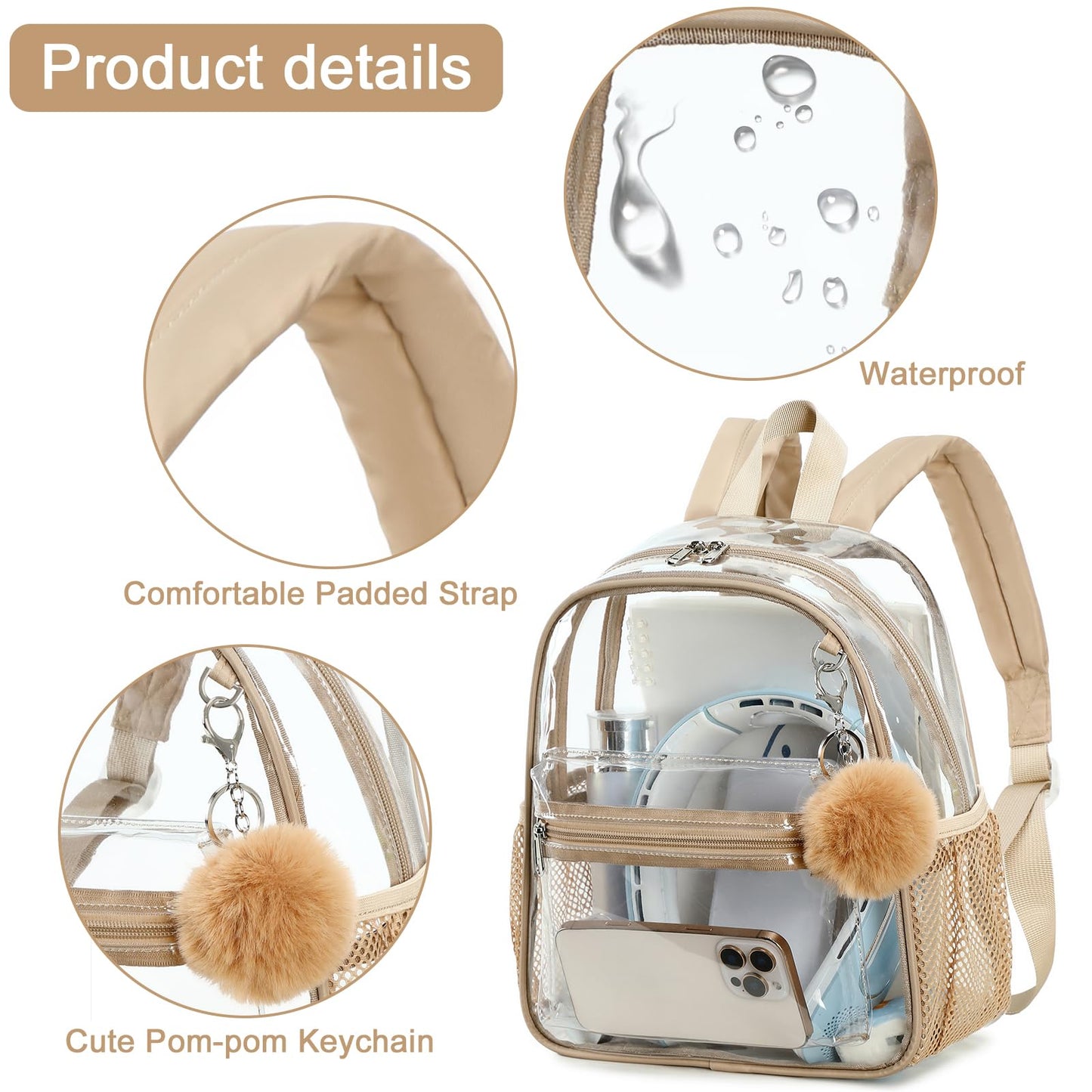 BTOOP Mini Clear Backpack for Stadium Events, 12 x 9 x 5 Inch Transparent PVC Bookbag, Fits Within Common 12x12x6 Stadium Bag Limits, for Concerts, Festivals, Women and Teens