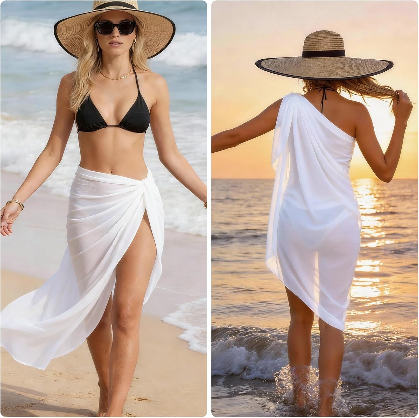Skiennix Chiffon Sarong Wraps - Sheer Beach Cover-Up for Swimsuit | 2 Pcs, One Size