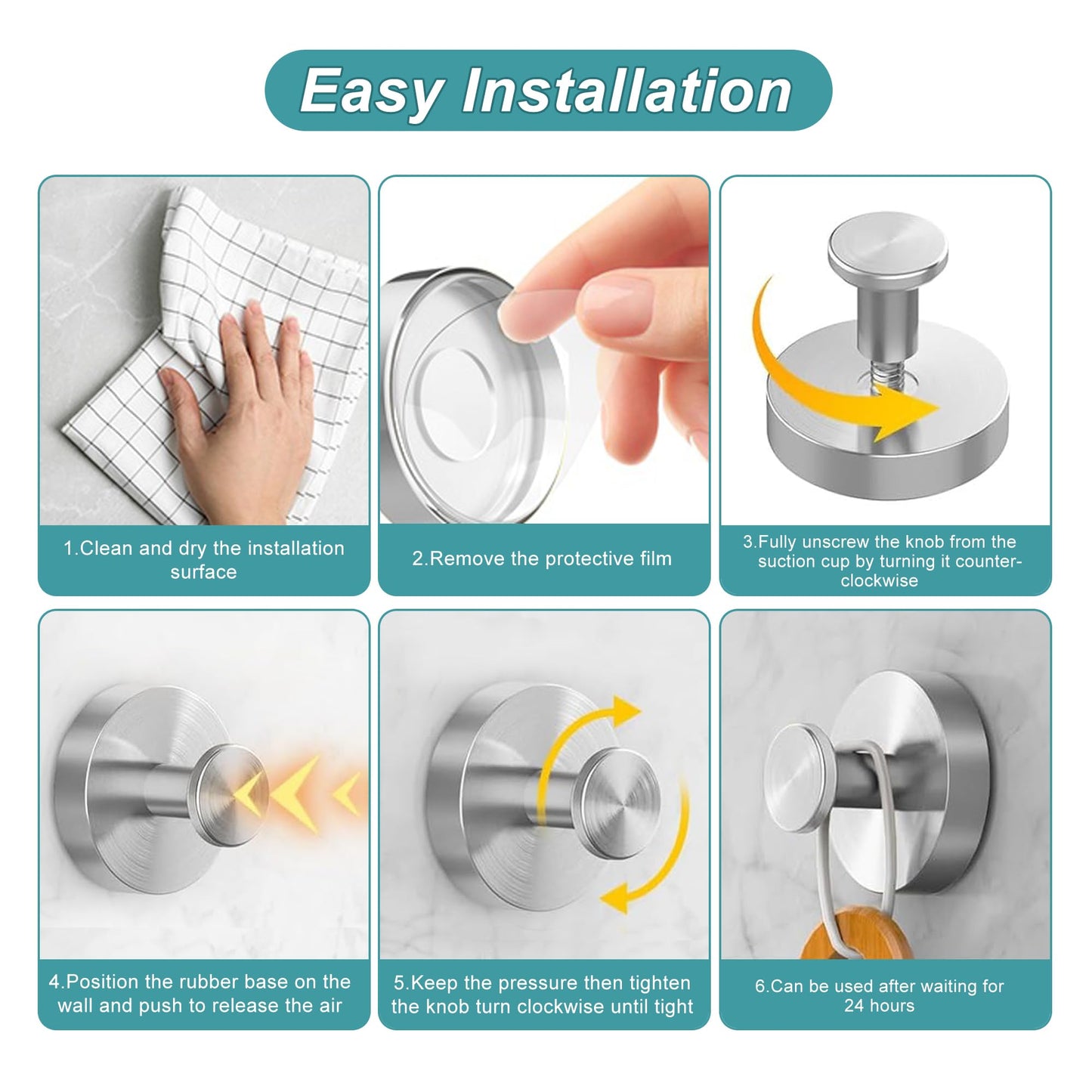 Suction Cup Hooks for Bathroom and Shower - Brushed Nickel Adhesive Hooks for Towel, Loofah - Removable Hook for Kitchen, Glass, Mirror, Door, Tile - Ideal for Coat, Wreath, Hanging Needs (Pack of 2)