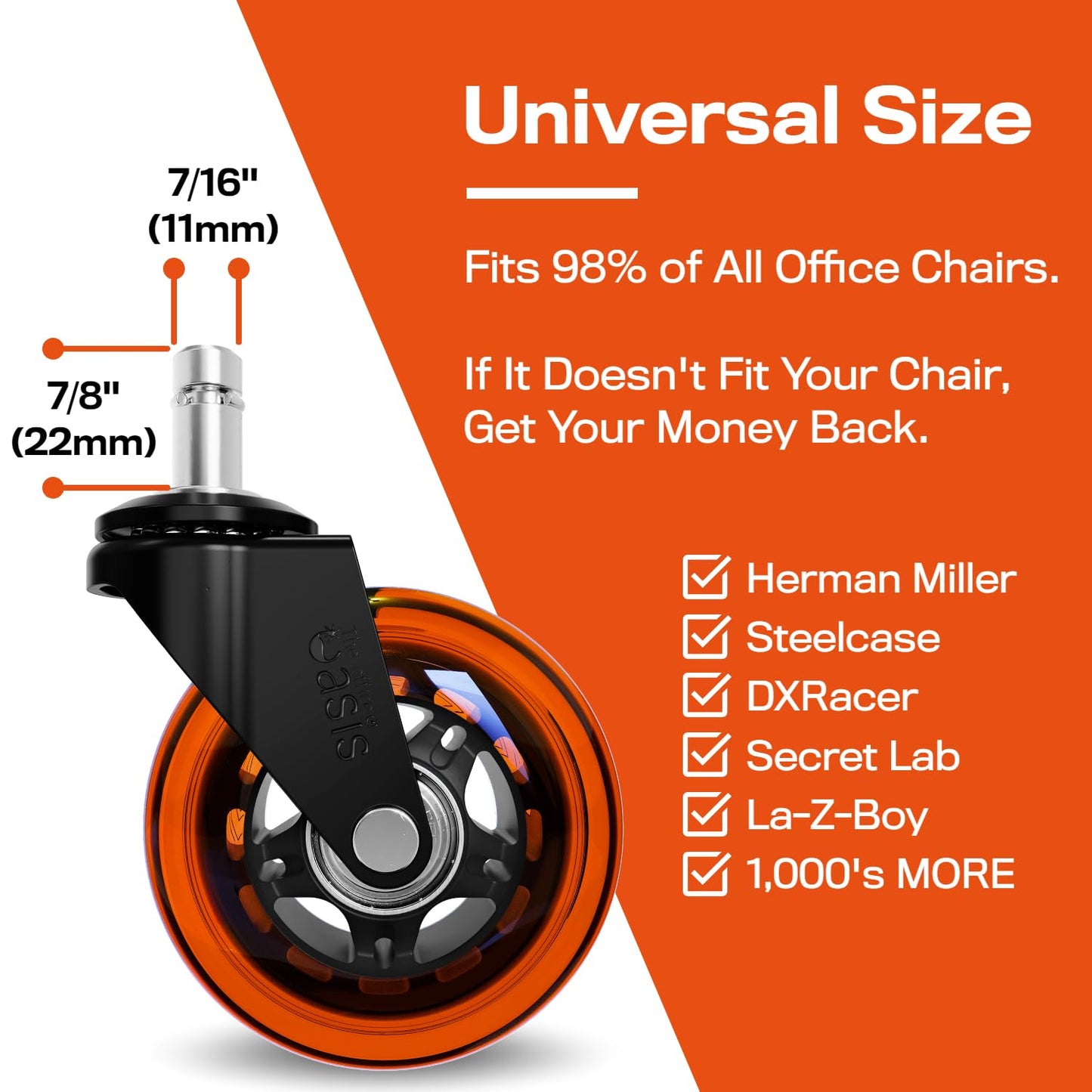 Original Rollerblade Office Chair Wheels - Smooth, Quiet Casters for Hardwood & Carpet - Easy Universal Fit - Set of 5