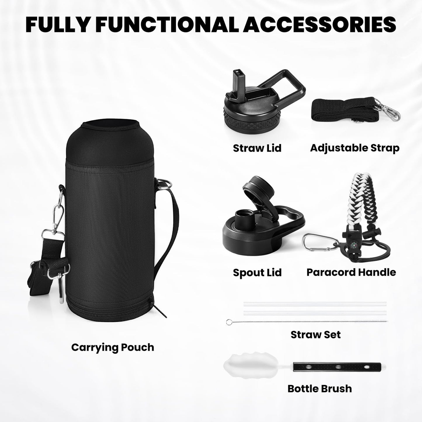 RAYMYLO Insulated Water Bottle 32 oz, Triple Wall Vacuum Stainless Steel (Cold for 24Hrs, Hot for 12Hrs), Leak Proof & Non-BPA, Modern Water Flask Jug with Paracord Handle & Straw Spout Lids