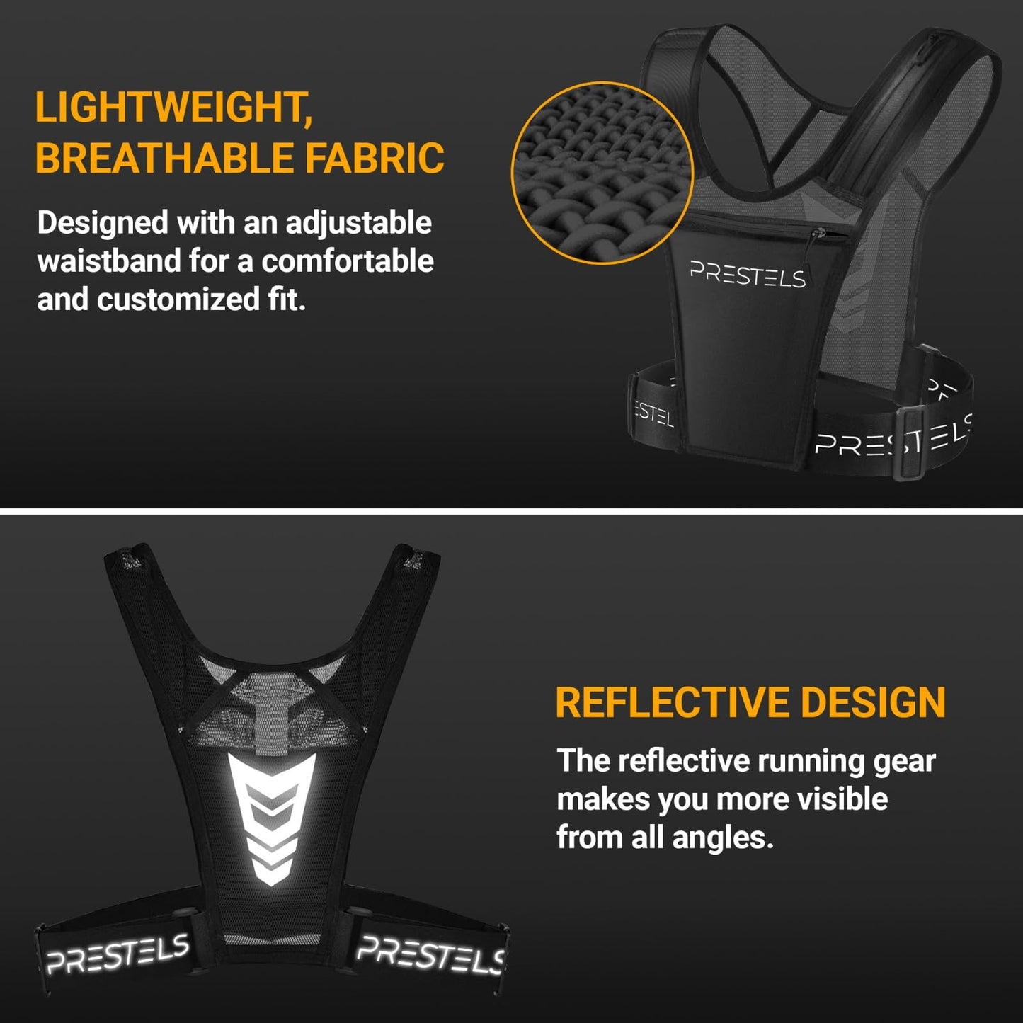 PRESTELS Running Vest Phone Holder for Men & Women, Reflective Running Chest Pack, Adjustable Breathable Vest with Multiple Pockets for Phone, Water Bottle, Keys & Essentials