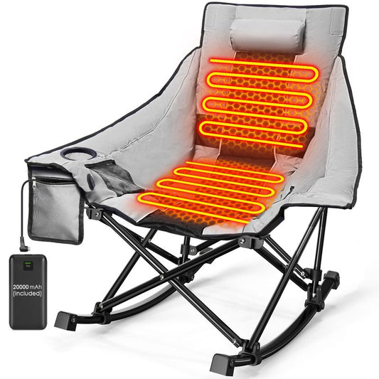 Slendor Oversized Camping Chair with 2000mAh Power Bank, Padded & Pillow Heated Rocking Chair, 3 Adjustable Heat Settings Camping Rocker Chair for Easy Setup and Foldable Storage, Gray