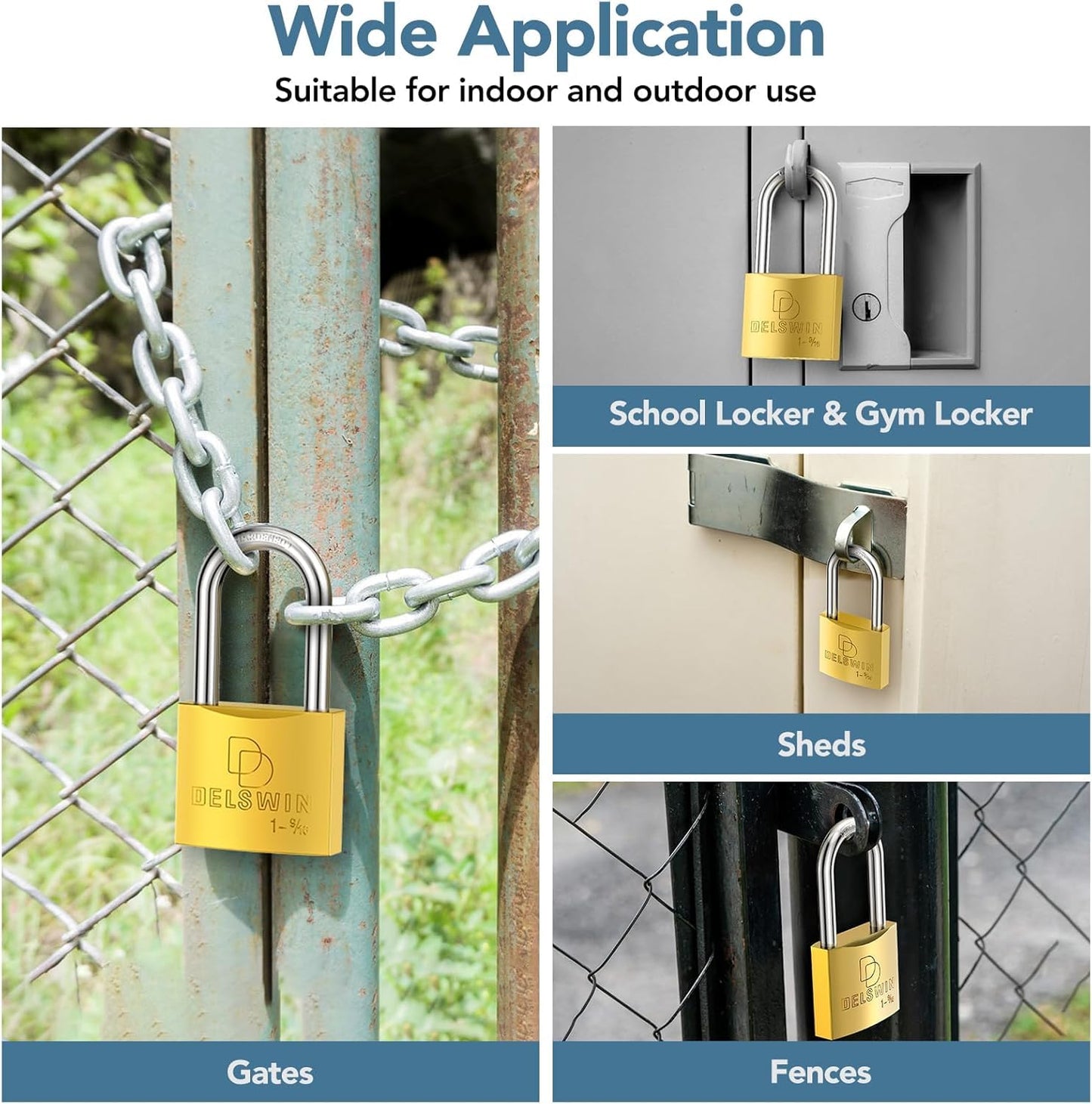 DELSWIN Weatherproof Padlock with Key - Heavy Duty Solid Brass Locker Lock with 1-9/16" Long Shackle, Marine Grade Pad Lock for Outdoor Gate, Fence, Shed (1 Pack)