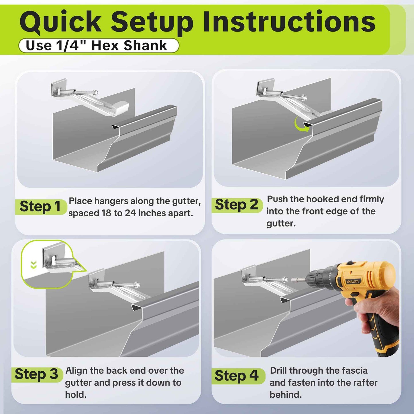 5" 25 Pcs Heavy Duty Hidden Aluminum Gutter Hangers with 1/4’’ Hex Drill Bit, Repair Sagging Gutters with Pre-Inserted Screw Fast.