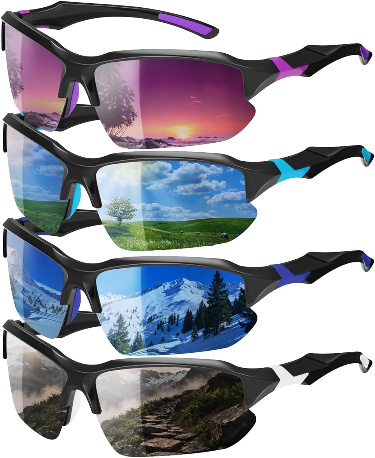 Skiennix Polarized Sports Sunglasses - UV Protection & Lightweight Wraparound Design | 4 Pack