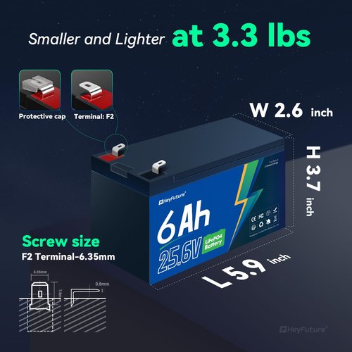 HeyFuture 24V 6Ah LiFePO4 Battery Pack, Built-in 10A BMS, Rechargeable Deep Cycle Lithium Battery, 24V 6000mAh for Backup Systems, Solar Storage, UPS, Emergency Equipment
