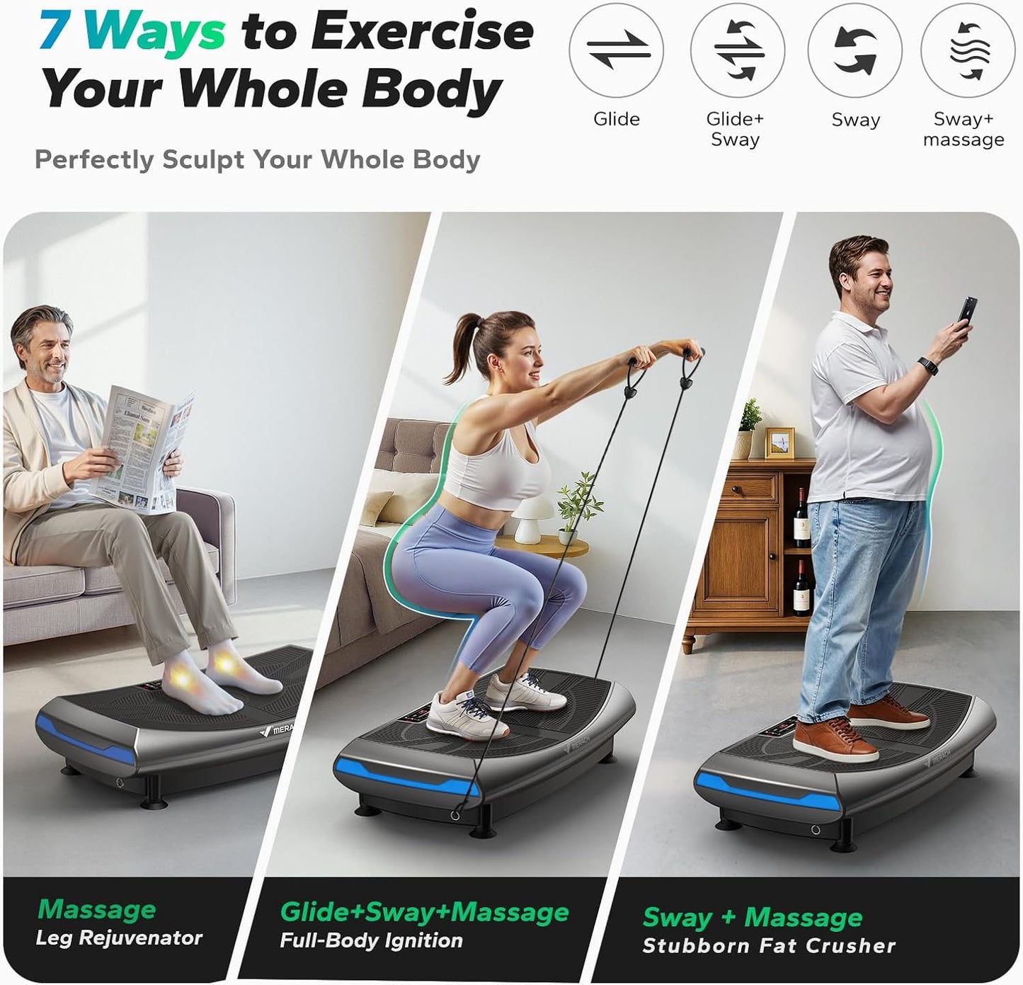 MERACH Vibration Plate - 7-in-1 4D Exercise Machine with Glide, Swing & Massage | Whole Body Workout Platform for Home Fitness
