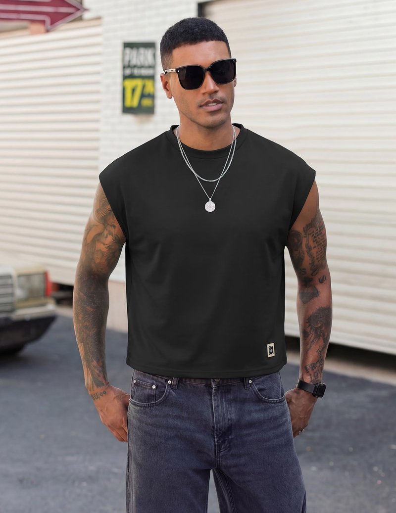 Vssjavun Mens Crop Top Cap Sleeve Oversized Shirt Gym Tank Tops Cropped T Shirts Crewneck Pullover Tee Black Medium