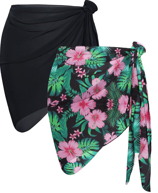 2 Pieces Sarong Cover Ups for Women Beach Bathing Suit Wrap Sheer Short Skirt Bikini Chiffon Scarf for Swimwear (Black & Green Pink Floral)