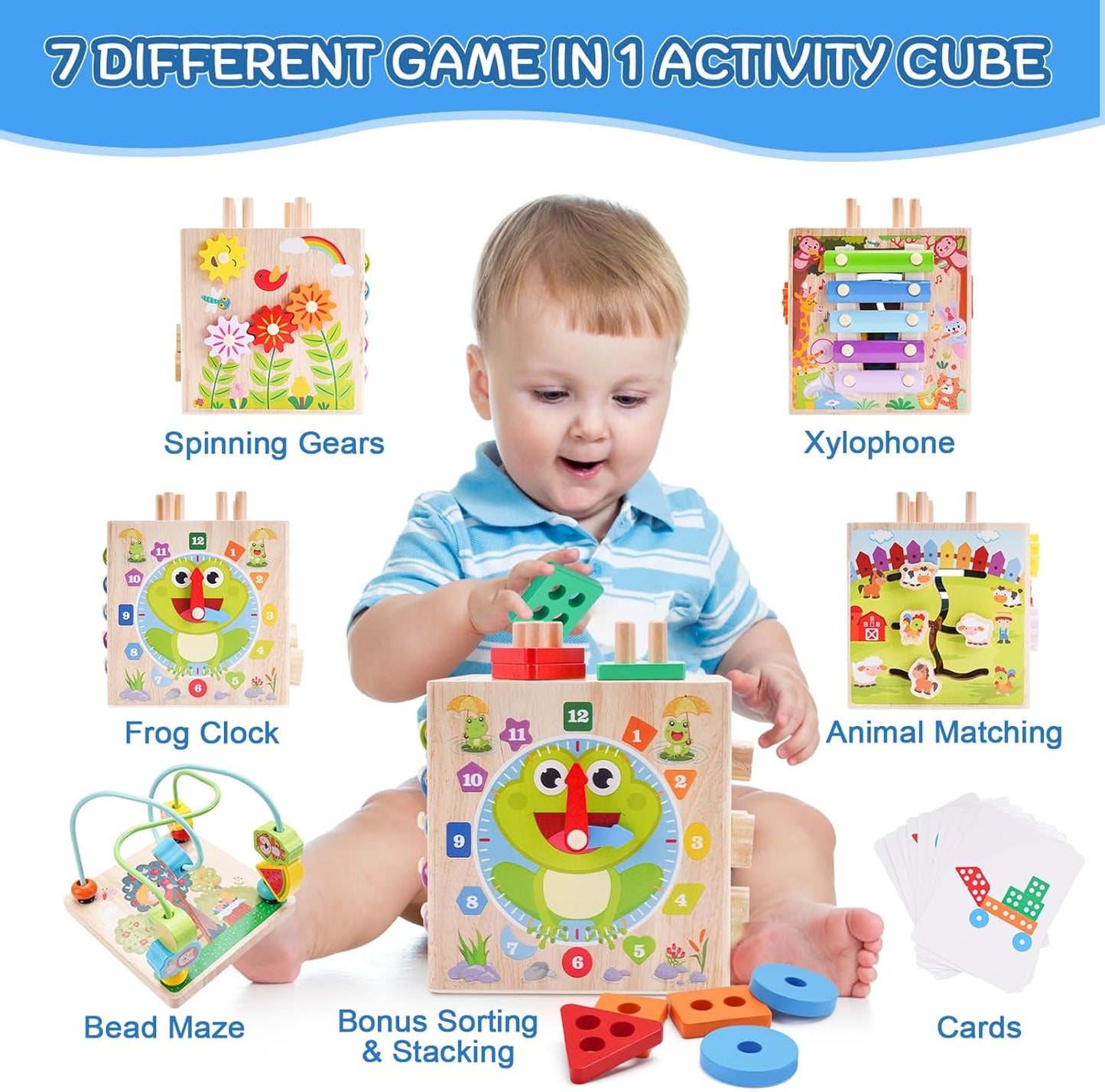 Wooden Activity Cube - Montessori Educational Toy for Toddlers 1-3 Years | Perfect 1st Birthday Gift (Pink)
