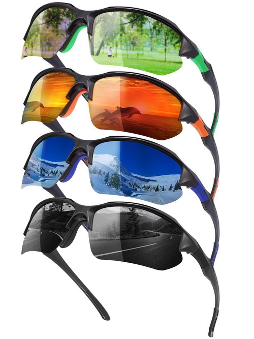 GGSTDDUP 4 Pack Polarized Sports Sunglasses for Men & Women | UV Protection Lightweight Wraparound Sunglasses for Cycling, Driving, Fishing, Running, green+orange+navy+black