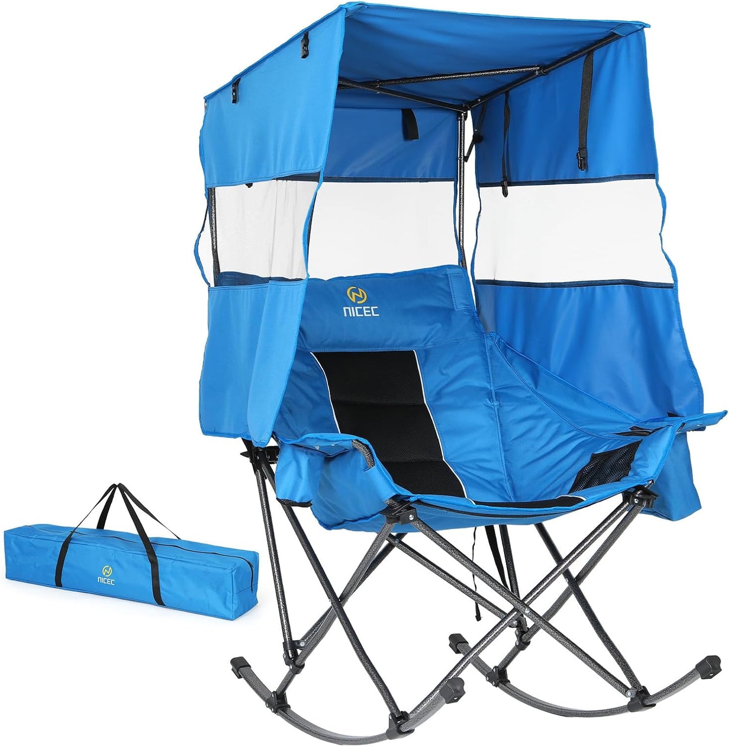 Nice C Rocking Camping Chair - XL Oversized Folding Rocker with Canopy & Cup Holder | Blue