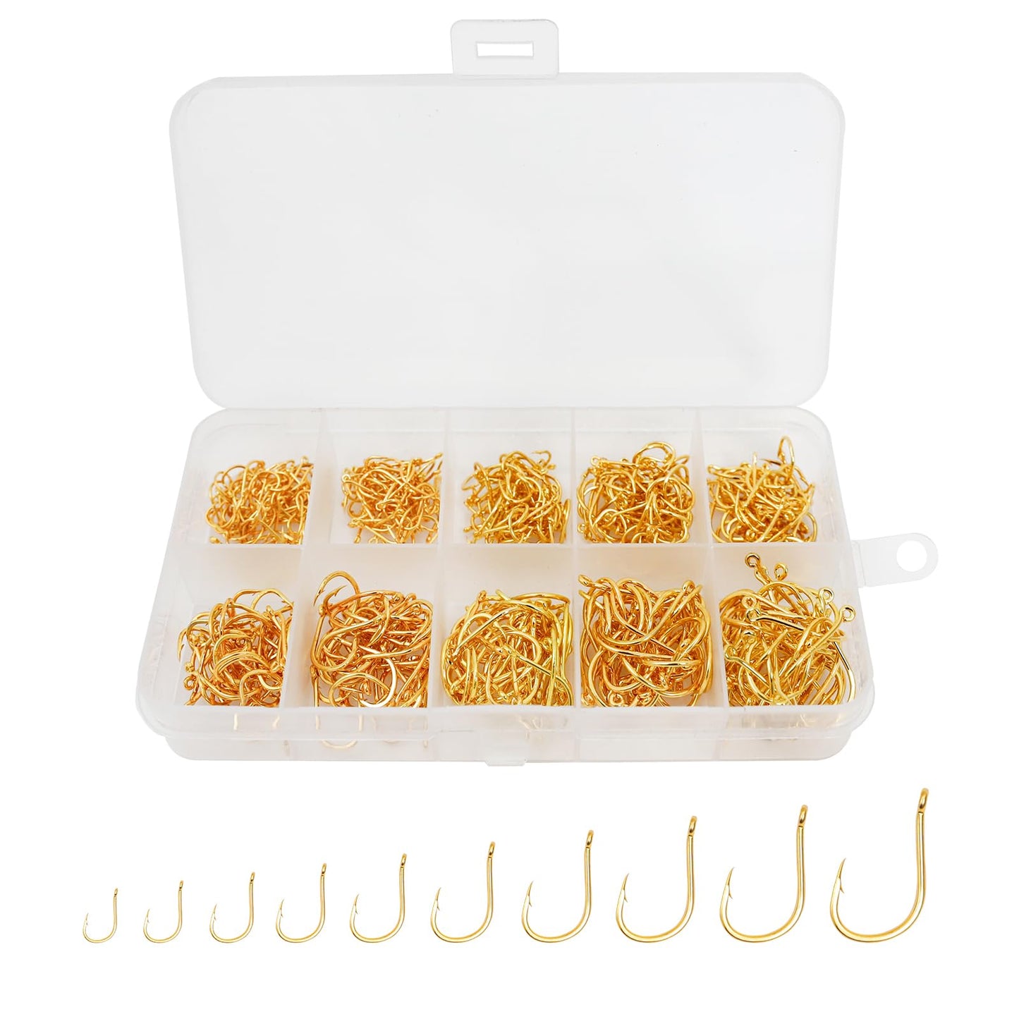 UCEC 500pcs Fishing Hooks Set Freshwater Saltwater High Carbon Steel 10 Different Sizes Small Fishing Hooks in a Plastic Box for Catfish Trout Bait Fishing Color Gold