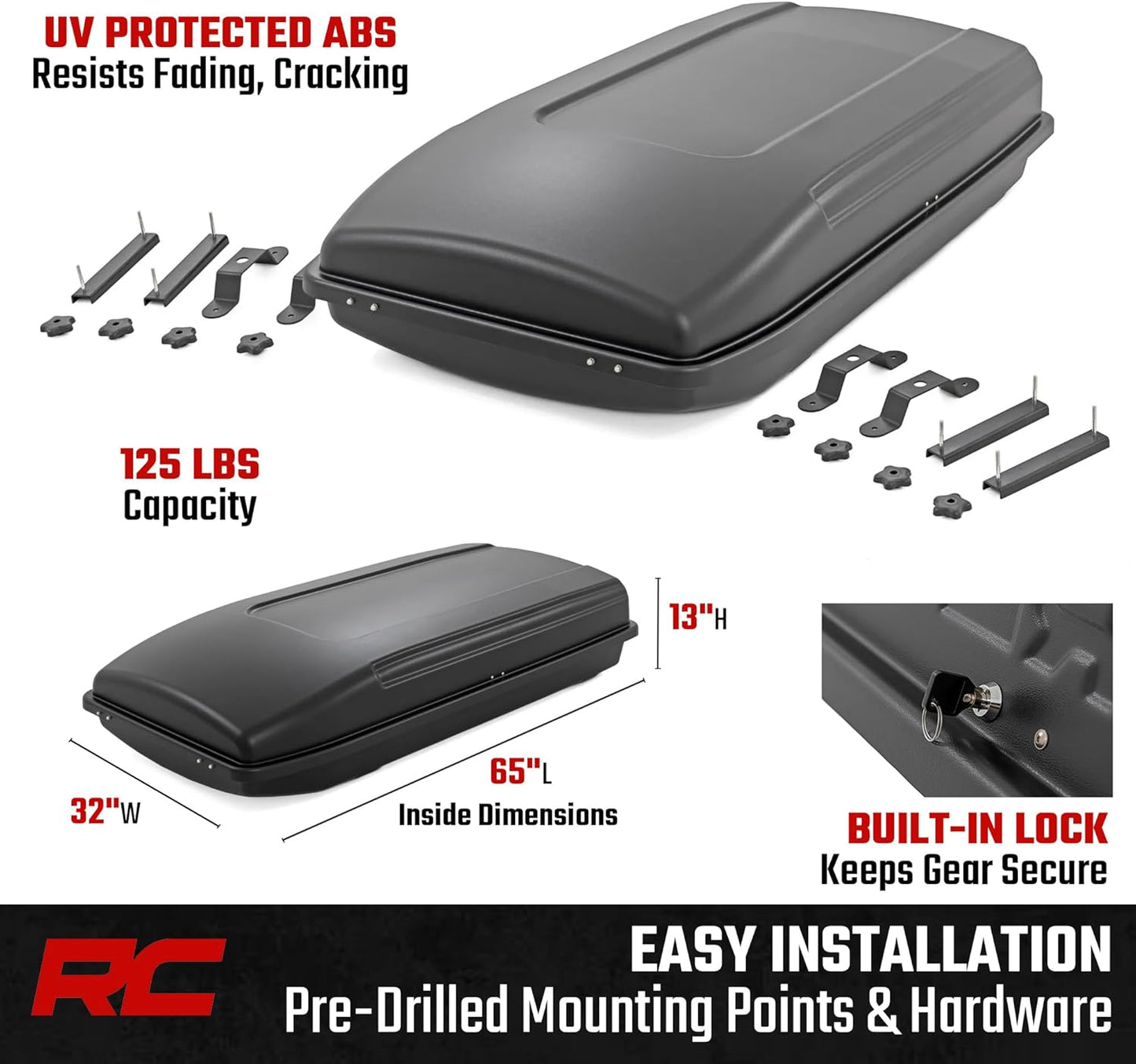 Rough Country Rooftop Cargo Box - 14.5 Cu Ft Hard Shell Storage Carrier | Lockable & Weatherproof