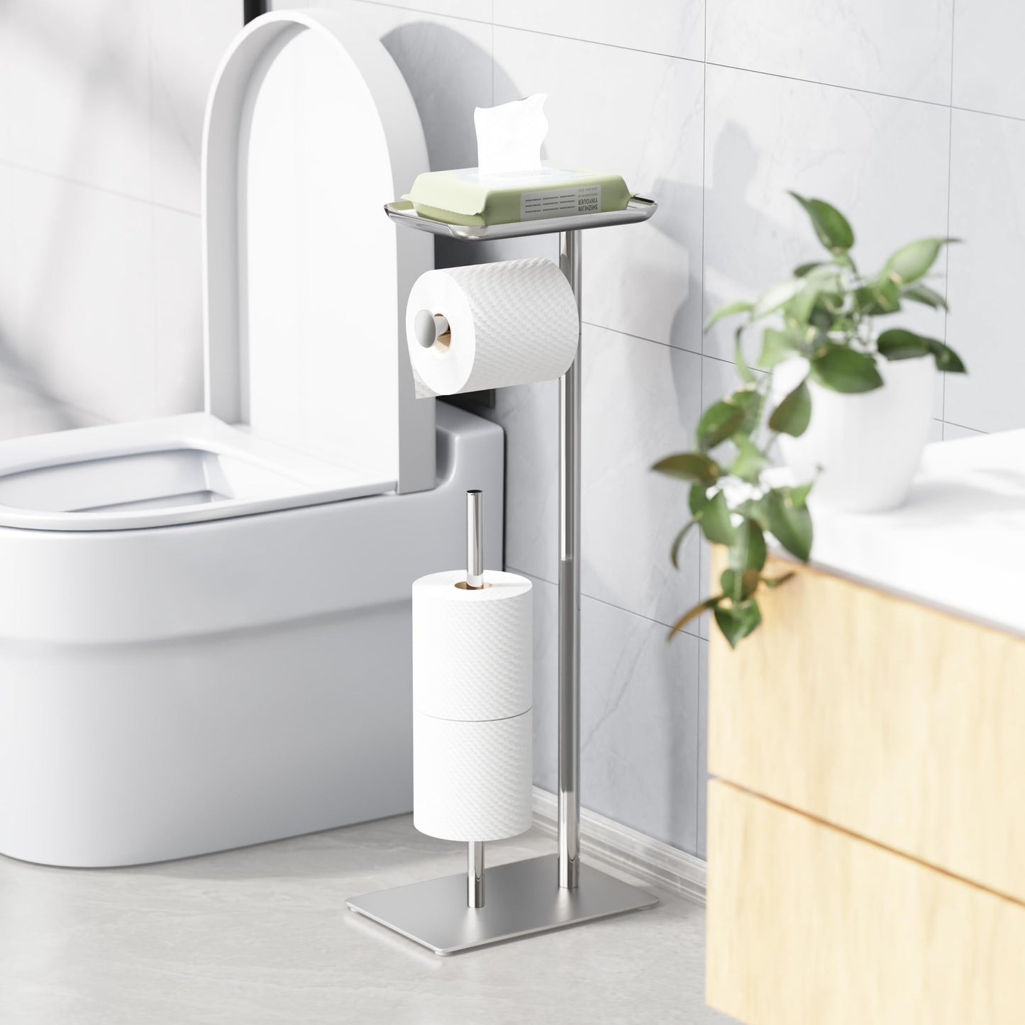 Toilet Paper Holder Stand with Top Storage Shelf, Free Standing Toilet Roll Dispenser for Bathroom, Holds 4 Reserve Rolls