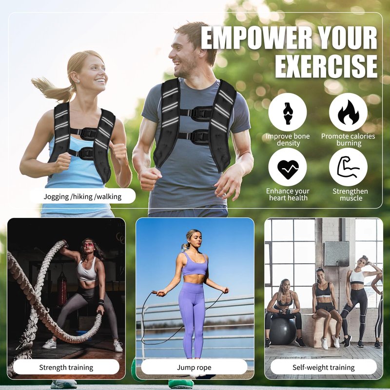 Weighted Vest for Women Men, 6lb/8lb/12lb/16lb/20lb/25lb/30lb Adjustable Weight Vest with Reflective Stripes for Workout, Strength Training, Running, Fitness, Muscle Building, Weight Loss, Rucking Vest (Black, 12lb)