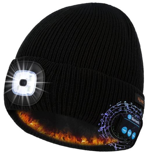 Bluetooth Beanie Hat with Led Light,Fleece Lined Winter Warm Hat with Wireless Music Headphones and Built-in Speaker Mic,Gifts for Men Women Black