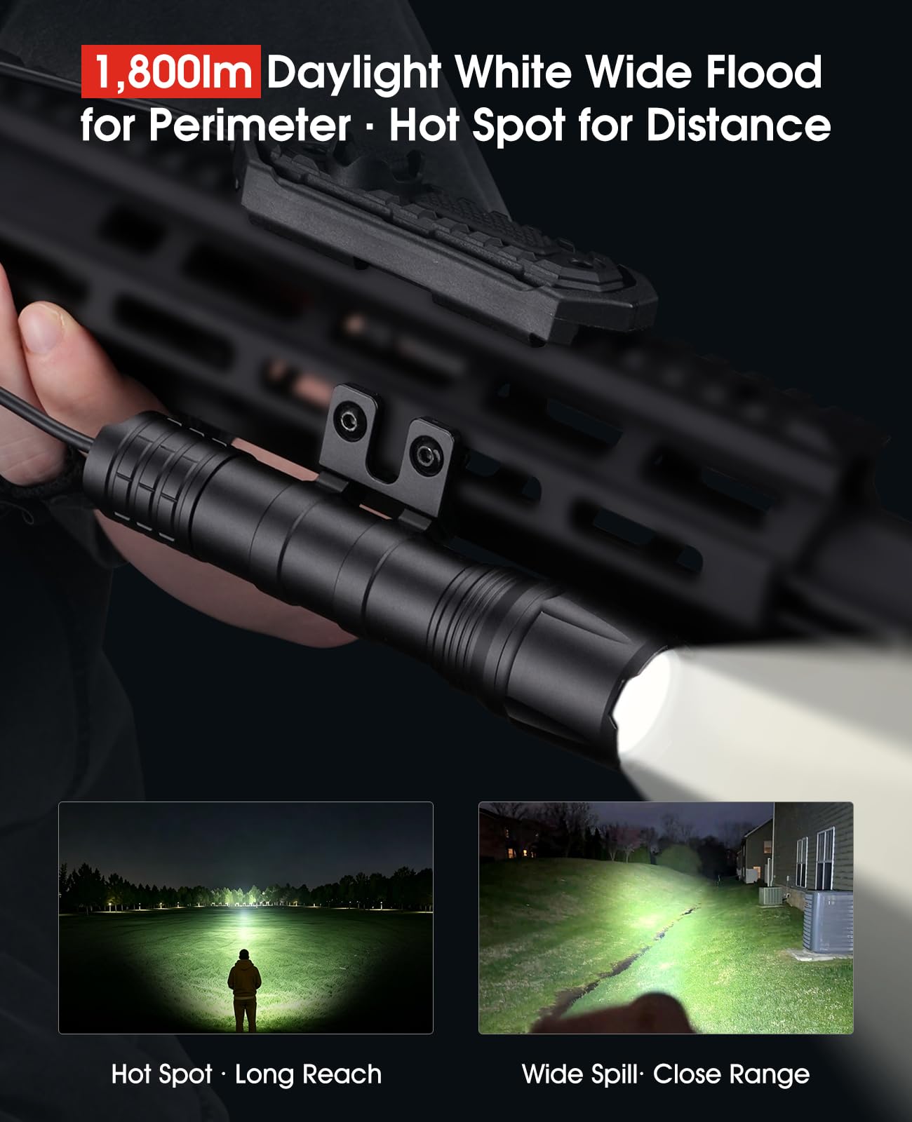 EZshoot Rifle Mlok Flashlight, 1800 Lumens, Rechargeable with Remote Switch