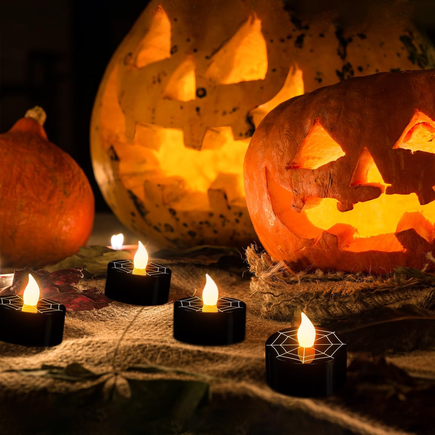 DRomance Halloween Flameless Votive Candles Battery Operated with 6H Timer, 12 Pack Black Spider Cobweb Decal LED Flickering Pumpkin Tea Lights Candles Fall Indoor Decoration(1.5" D x 1.4" H)