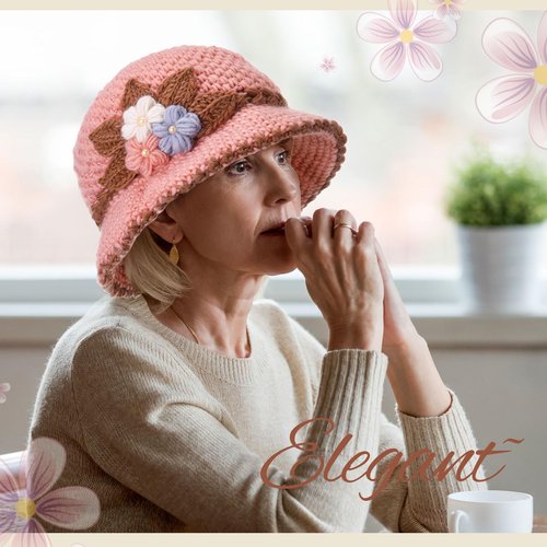 Chicingyou 2 Pack French Thicken Women's Flower Knitted Woolen Hat Winter Warm Windproof Crochet Bucket Beanie for Women Pink and Black